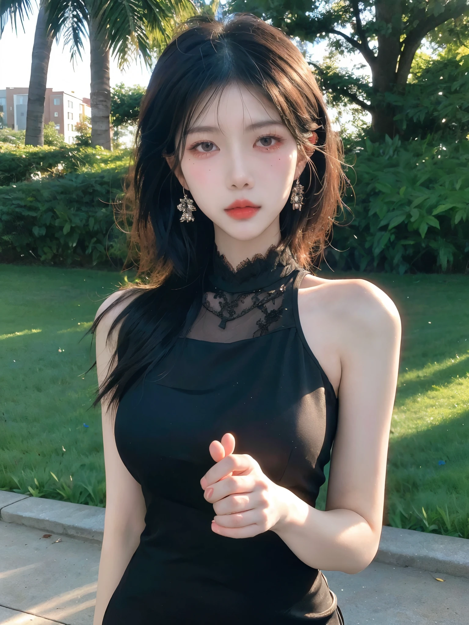 ((best quality, 8k, Masterpiece: 1.3)), 1 girl, Beautiful figure, slim stomach.: 1.3, (long black hairstyle,messy hair, big breasts: 1.4), Kawaii style , Blue off shoulder dress,bright eyes, Happy face, There is a see-through cloak., Off-the-shoulder shirt, Show off your abdominal muscles , Very smooth face, Sexy posted, delicate eyes, Double eyelids,on the rose Garden,Raise your hair,sleepy eyes,moon Gothic suit ,bokeh