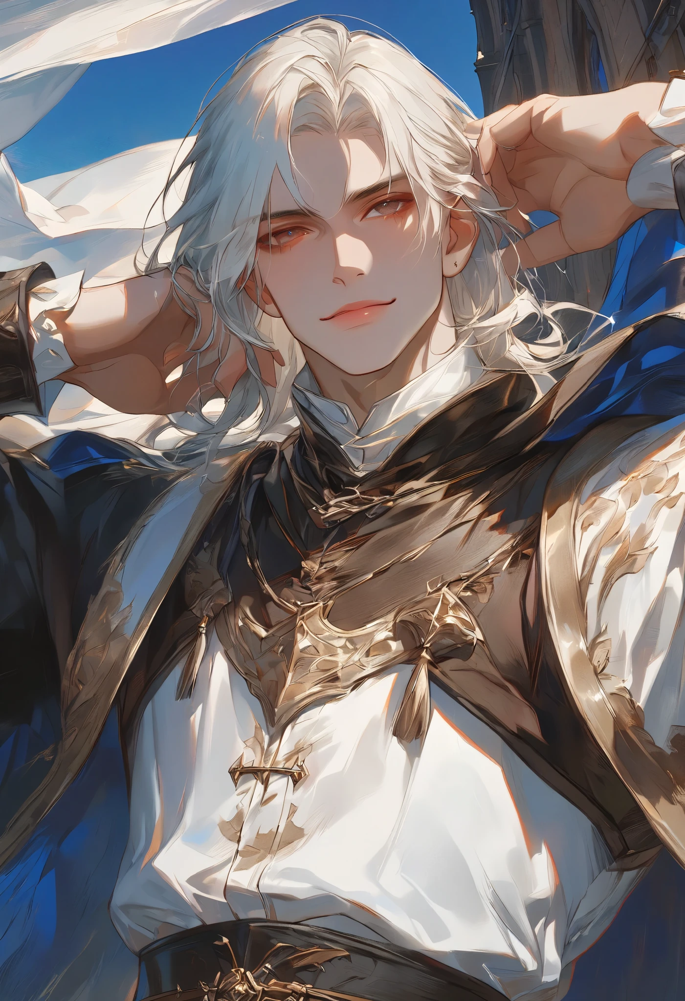 Handsome nerdy male, Man in medieval europe cloth, medieval europe style, white hair, dark brown skin color, Strong shoulder width, detailed background, (masterpiece:1.21),(bestquality:1.21), 8k, high detailed,ultra-detailed,anime semi-realism, highly detailed illustration, face through torso, solo, physically-based rendering,depth of field,(low saturation:1.3),(1boy;1.4:1.1),model(random_color_clothing:1.45),(random stylish pose action:1.1), (random view shot), (random smile)