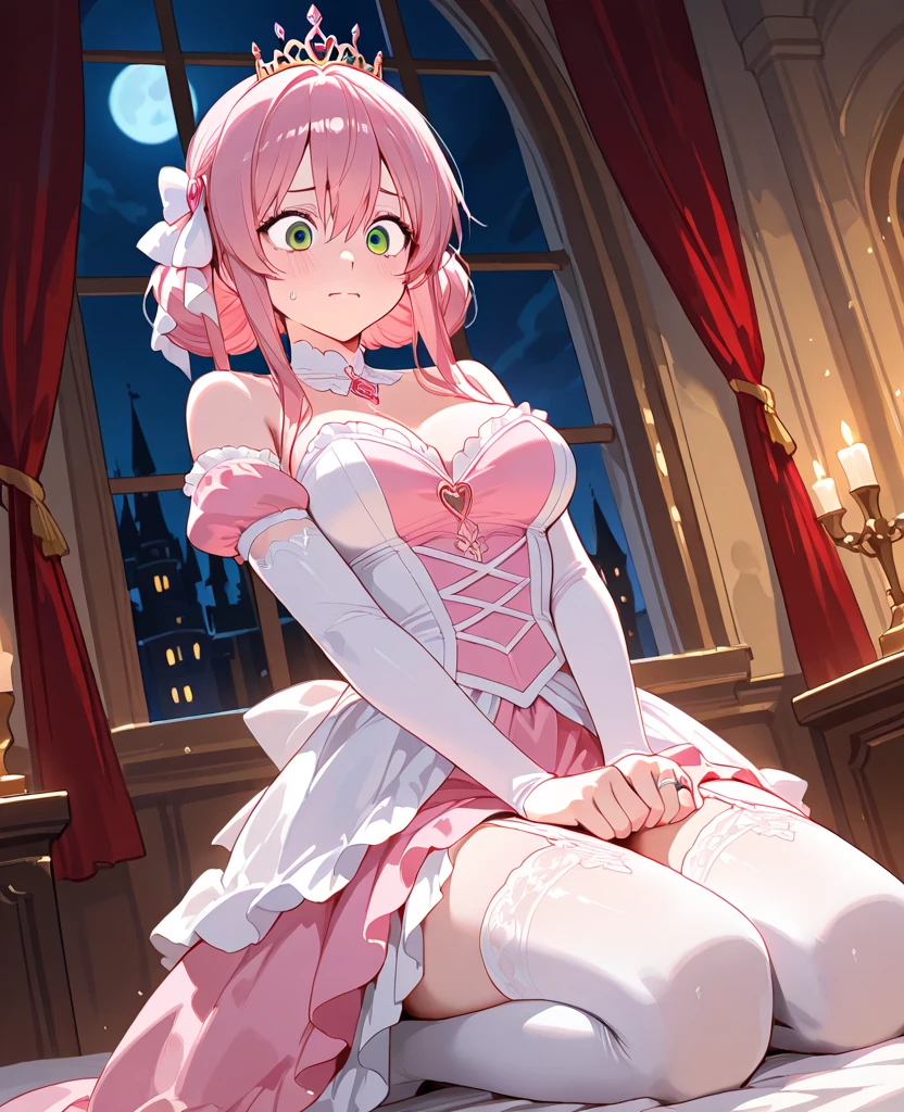 Girl with pink hair, long twin-tail hairstyle, (small bushy pink eyebrows), dressed in gothic lolita clothing, lolicon (Zankuro) drawing style by zankuro artist, Zancro style, image uploaded to R34, (in a church full of people), , flirty smile, lifting her dress to show her wide, naked hips, underwear in her hands, breasts out, wearing a wedding dress