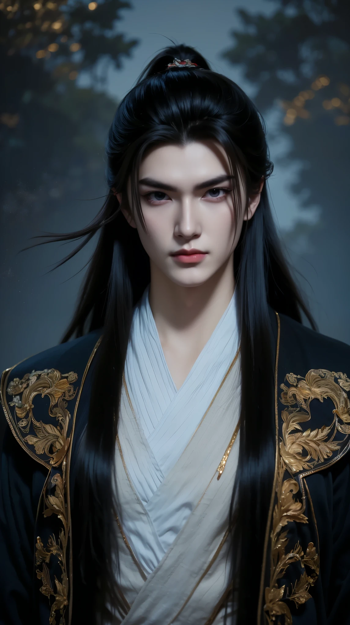 ''The beautiful portrait of Vuong Lam exudes coldness, majesty mixed with a bit of loneliness and determination. His piercing, dark blue eyes reflect resilience, experience and an inscrutable inner world, representing a man whose life has been shaped by countless challenges but remains steadfast. His handsome, sharp face exudes determination and intelligence. He has long flowing red hair in the ancient Xianxia style, enhancing his ethereal appearance. He wore an exquisite Xianxia-style outfit that radiated power and elegance. His outfit is in the style of the Xianxia and has blue embroidered edges, layered under a dark gray overcoat decorated with intricate sunken patterns. The color palette—black, brown, and gray—conveys maturity and mystery, blending perfectly into the world of immortals. The atmospheric background is hazy and ethereal, with subtle energy swirling around him, adding depth to his mysterious aura. The lighting is dramatic, emphasizing his noble yet melancholy presence. Incredibly detailed cinematic compositions, hyper-realistic textures, 8K resolution, fantasy-inspired masterpiece."