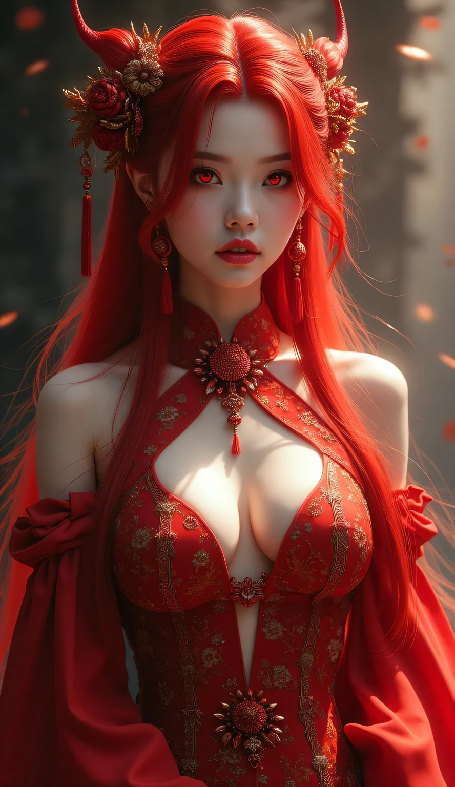 a woman with long red hair and a red dress is posing in front of butterflies, gothic maiden anime girl, High-quality, detailed artwork in 8K, intricate ornate anime cgi style, beautiful seductive anime woman, beautiful fantasy anime, seductive anime girl, Anime goddess, shadowverse style, detailed anime digital art, Beautiful Anime Woman, detailed anime art, detailed anime artwork