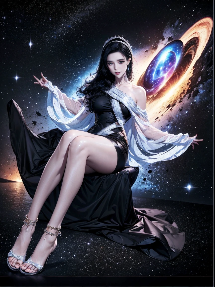 1girll,(enchanced quality:1.4),(Top quality true texture skin), Delicate face,Black hair, Gradient hair, body,(perfect bodies:1.1), There are precious stones on the forehead, rimless eyewears, Sparkling pupils,long eyelasher,grin, hyper photorealism, Cinematic lighting, projected inset, surrealism, hyper HD, Masterpiece, 16k,Lie down,dream on,Wear transparent silk pajamas,Carmelto,Legs slightly open,Tattooed with,Fantasy space,Luxurious space