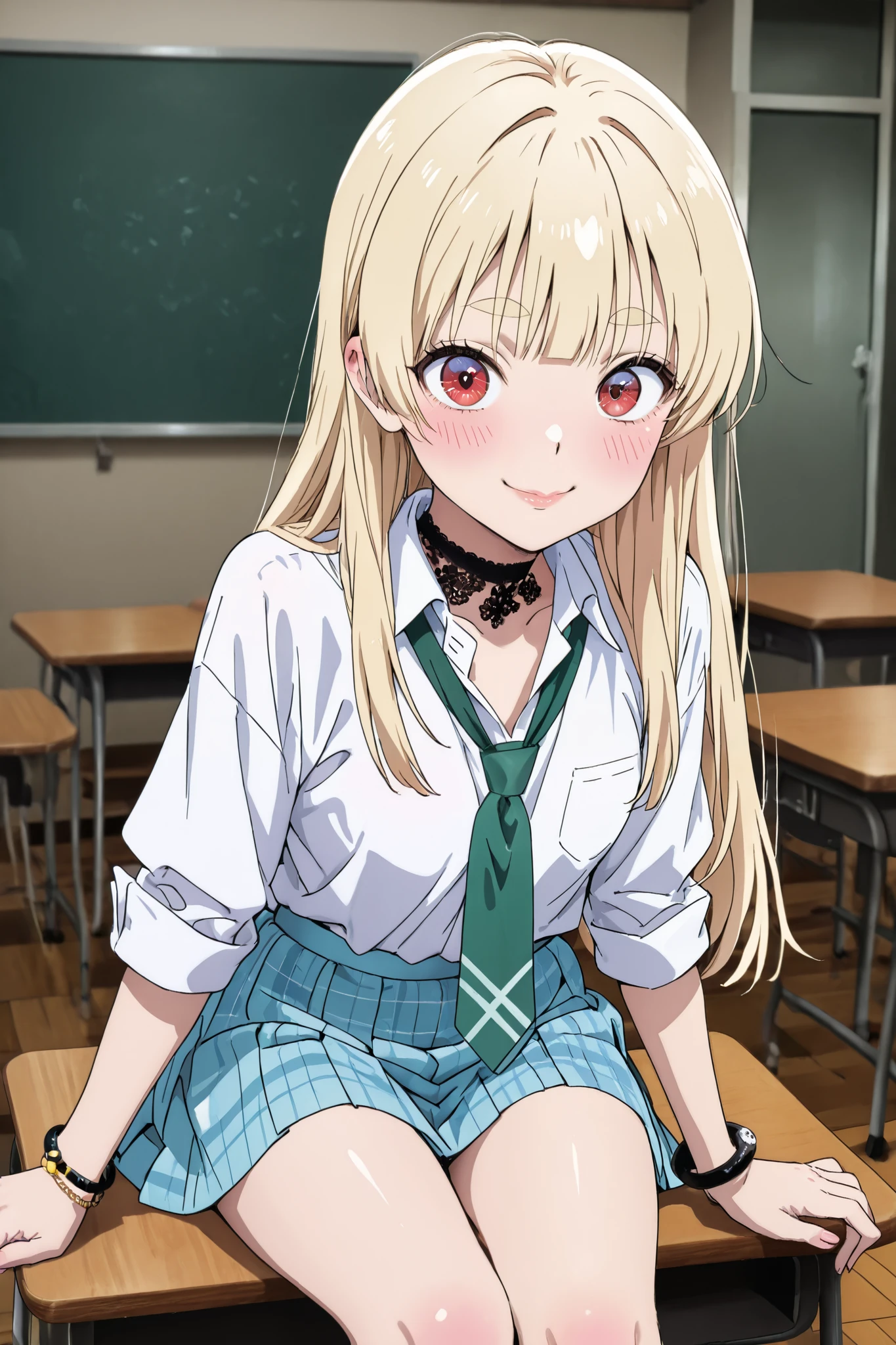 long blonde、 straight hair、 only the tips of the hair are pink、 hair to the front of the chest with thin eyebrows、The face is an egg face、、Brown with fine eyebrows、 has big eyes 、Red eyes 、Pink blush、 lips pink、The mouth opens wide to the side、Smiling face、 black choker with lace on the neck、 white shirt、 green tie、 light blue plaid mini skirt、D cup chest、 black ball bracelet on the wrist、 background classroom、Sit at a desk and cross your legs、 in the ear、Shirt/hem/tie