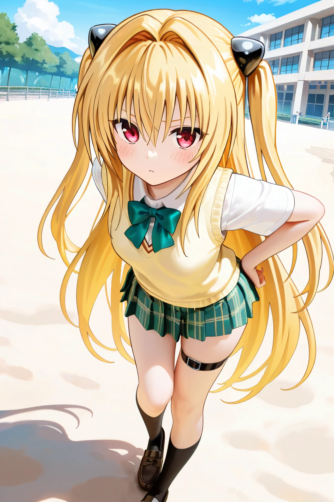 masterpiece, Highest quality, High resolution, Ayami, Very long hair, Both sides up, hair ornaments, , Green bow tie, White shirt, Sweater vest, Yellow vest, Short sleeve, Checked skirt, Green Skirt, Are standing, Cowboy Shot, smile, Outdoor, (((skirt lift))),(((Backwards)))(((Butt Show)))((At the bed))((White panties))