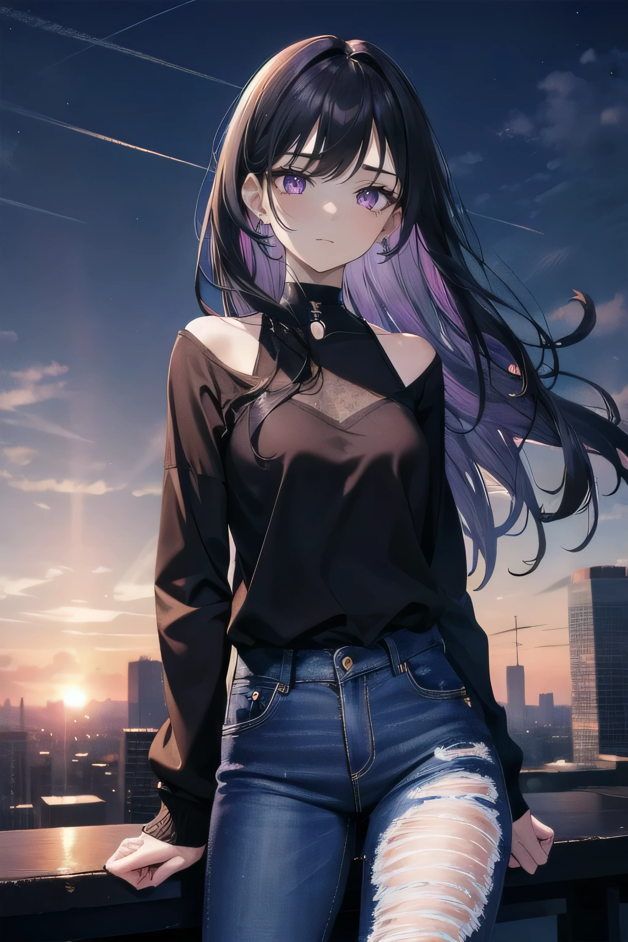 Anime girl with long purple hair standing on a ledge in front of a city ...