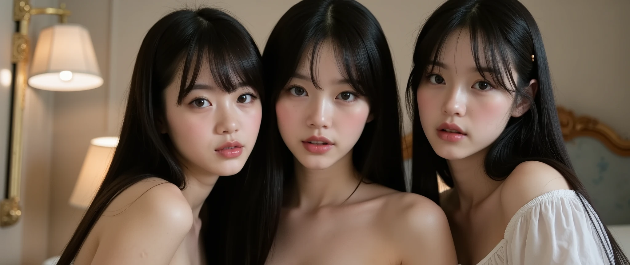 that, 3 girls, 3 sisters, Selfie, 3 Korean singers , Idol, thin , slanted eyes, big eyes, fringe separated on the right side , youthful appearance , light black hair , details eyes, student , Iris , smiling, smile, round face, youthful appearance , sitting on the edge of the , nudes , vintage aesthetic ,cute face, full lips, lamp, volumoSo hair, luz media , luz Environment, agenda :night , reflexos no Environment, Environment focado, looking for , Environment:Room, , Be, objects, , rolled eyes, Possessed, with text: "nokes369 ", 3 s, SISTERS, Cellular filter 2012