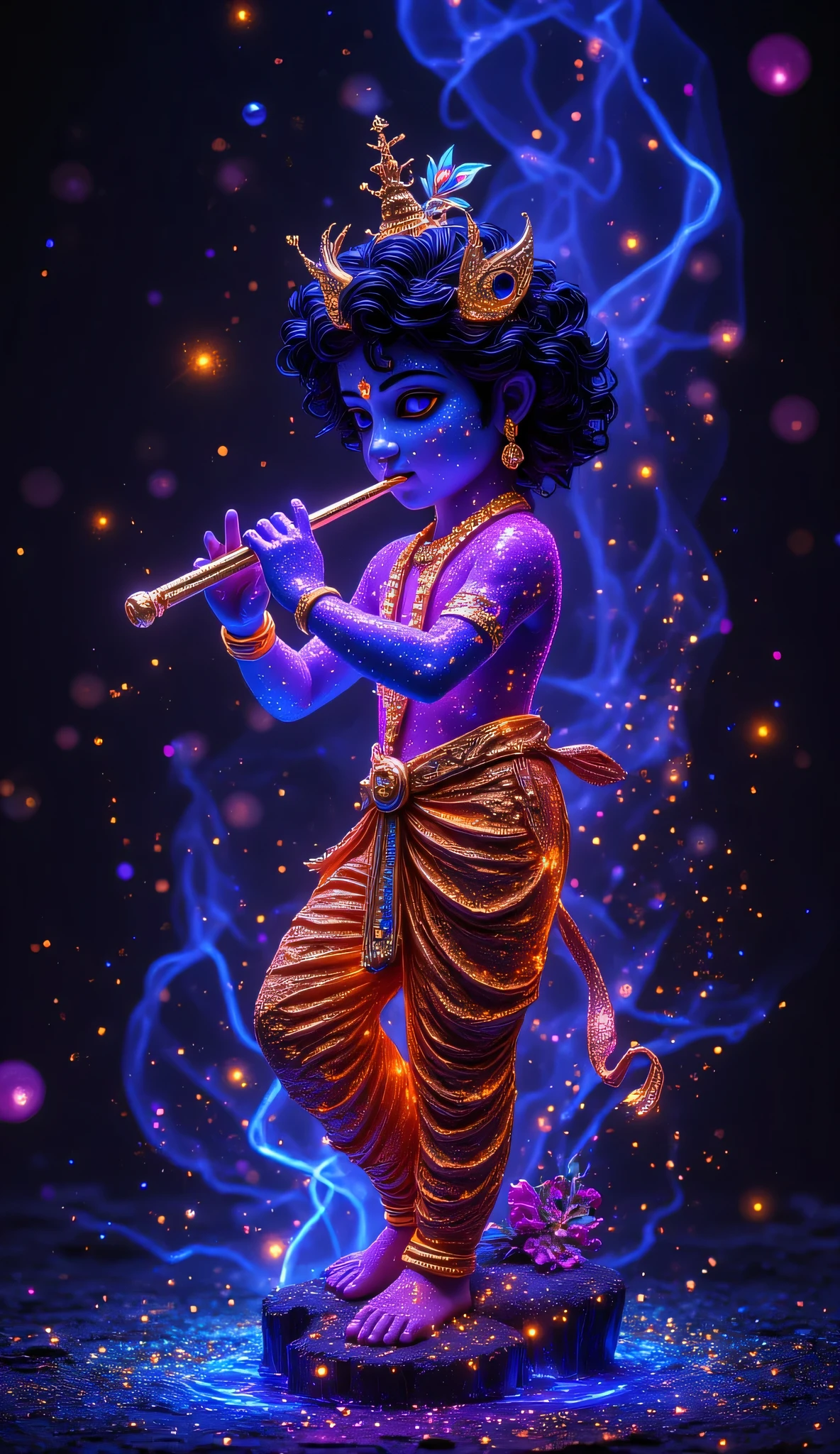 (masterpiece: 1.2), a magnificent, bioluminescent sculpture of graceful lord Krishna, playing his flute gracefully, carved from radiant glow fur and infused with celestial energy, radiating vibrant neon hues. His attire is a mesmerizing blend of shimmering, glowing particles, appearing as if woven from the light of the cosmos. His flute, crafted from a glowing, enchanted crystal, releases subtle waves of radiant energy. His eyes shine with divine wisdom, casting a soft glow that illuminates the atmosphere. The space around him is filled with a magical, glittery cosmic aura, where vibrant golden stardust floats in the air. The peacock feather on his curly black hair shimmers with an ever-changing iridescence, adding to the surreal, divine presence. Ultra-realistic textures, high-resolution, cinematic lighting, photorealistic fantasy sculpture, ethereal divine glow.