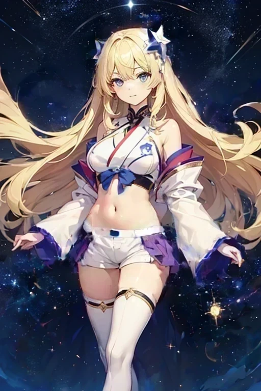 Kennedy has a tanned skin. She has long, wavy blonde hair and blue eyes. glitter
