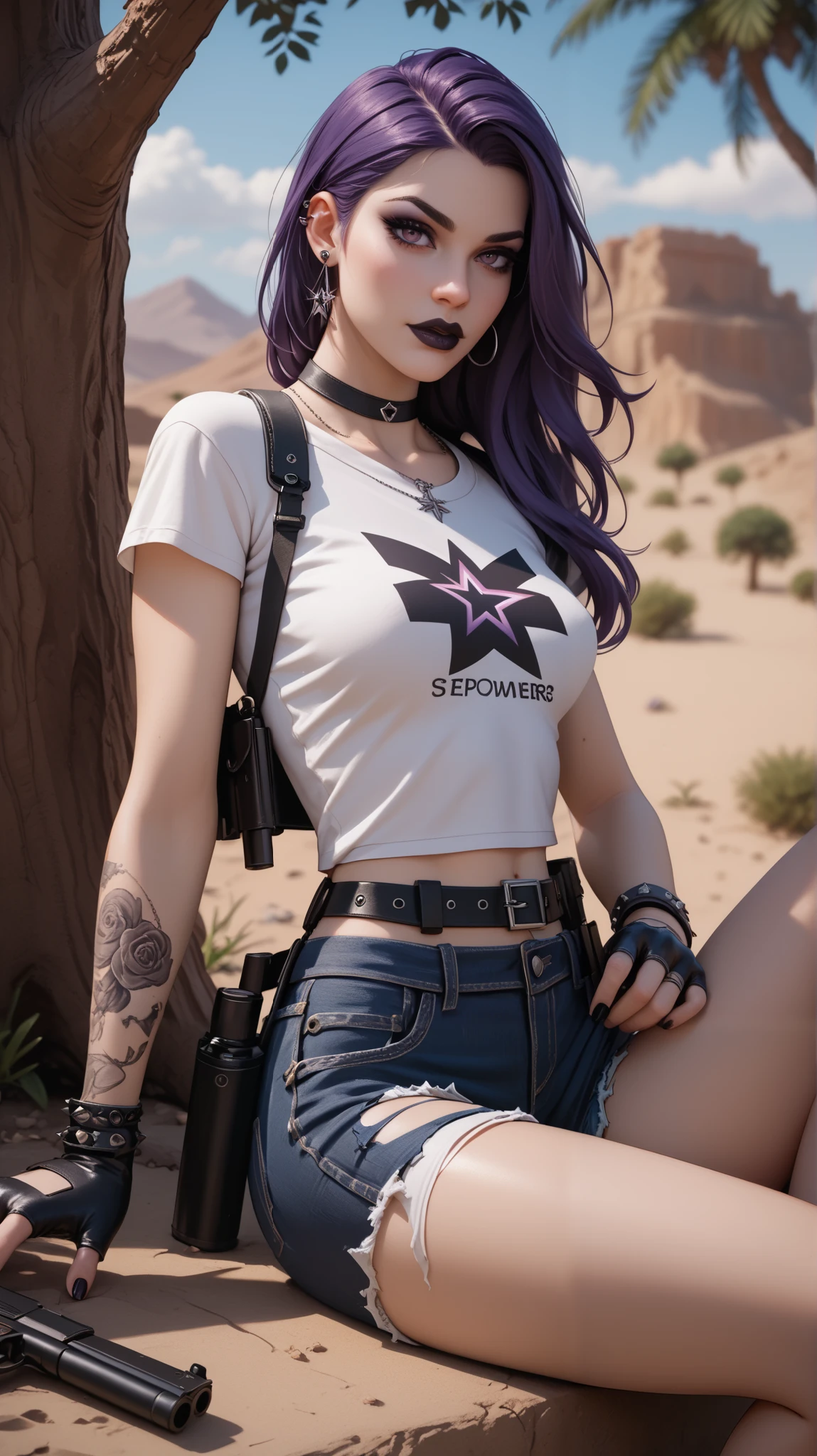 A Goth girl of 19 years old, third-size tits, purple hair, perfect figure, perfect body, sitting in a tree in the desert (evening time), dressed in tight torn denim shorts and a white T-shirt, two gun holsters on her chest, two revolvers in the holster