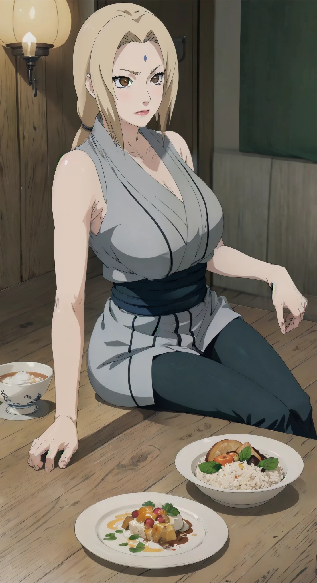 ( masterpiece, highest quality:1.2), Alone, A girl, Tsunade Defense , forehead mark , High quality anime illustration , Tsunade Senju, Blonde woman , long loose hair with loose locks framing her face, golden eyes, violet diamond mark on the forehead , dressed in short cream-colored sleeveless kimono , fitted with a blue belt , tight black pants, open ninja sandals , sitting in a traditional Japanese break room , tatami, low wooden table , crockery with traditional Japanese food , tray with bowl of rice and soup , relaxed posture, slight smile, calm and slightly blushed expression , warm light of Japanese lanterns , cozy atmosphere, profile view , soft shadows , detailed anime style ."