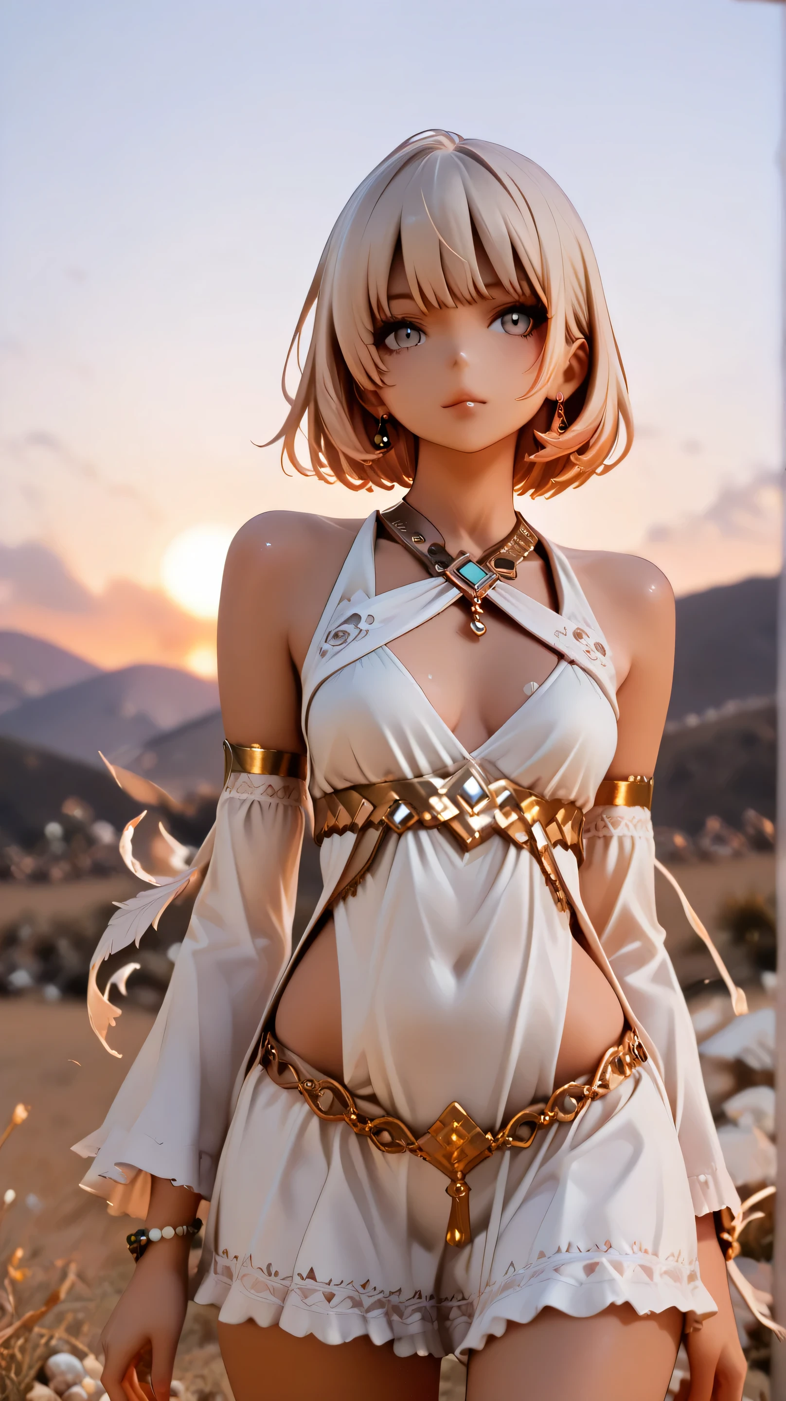 score_9, score_8_up, score_7_up, Western Comics, Cowboy Shot, girl, cute, seductive, innocent, light smile:0.3, plump lips, slender body, wearing stone age clothing made from natural fabrics like linen, cotton, furs, adorned with feathers, beads and shells, sunset, ancient greek background, depth of field, dynamic angle, fashion photography, sharp, hyperdetailed:1.15