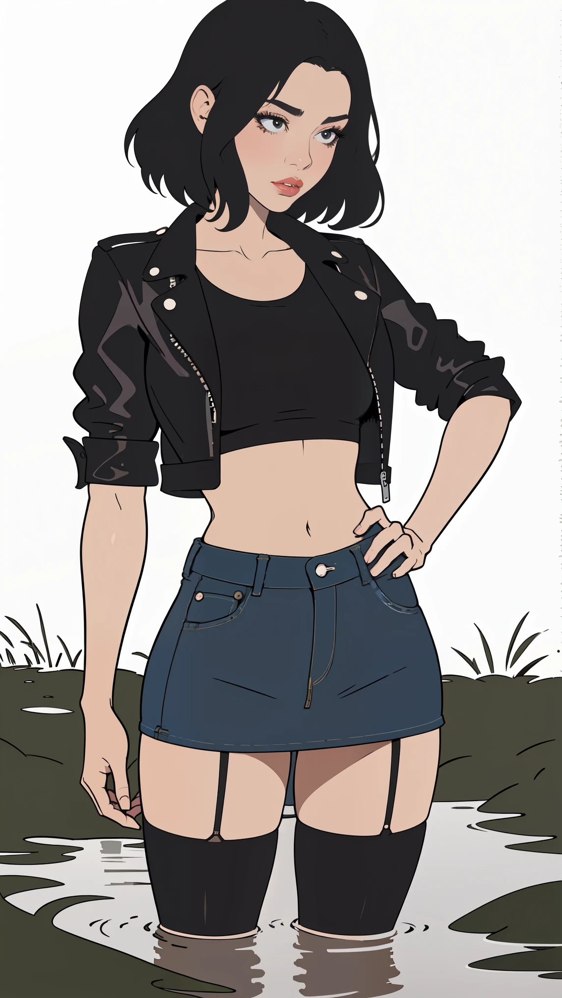 passionate vulnerable diva   ,       simple vector illustration     ,  Exquisite lines,   standing, denim skirt , black top, nylon stockings with garters   ,   leather jacket  , drowning in a tiny bog  ,     artistic composition     , lips,    white background,   desperate dynamic posing 