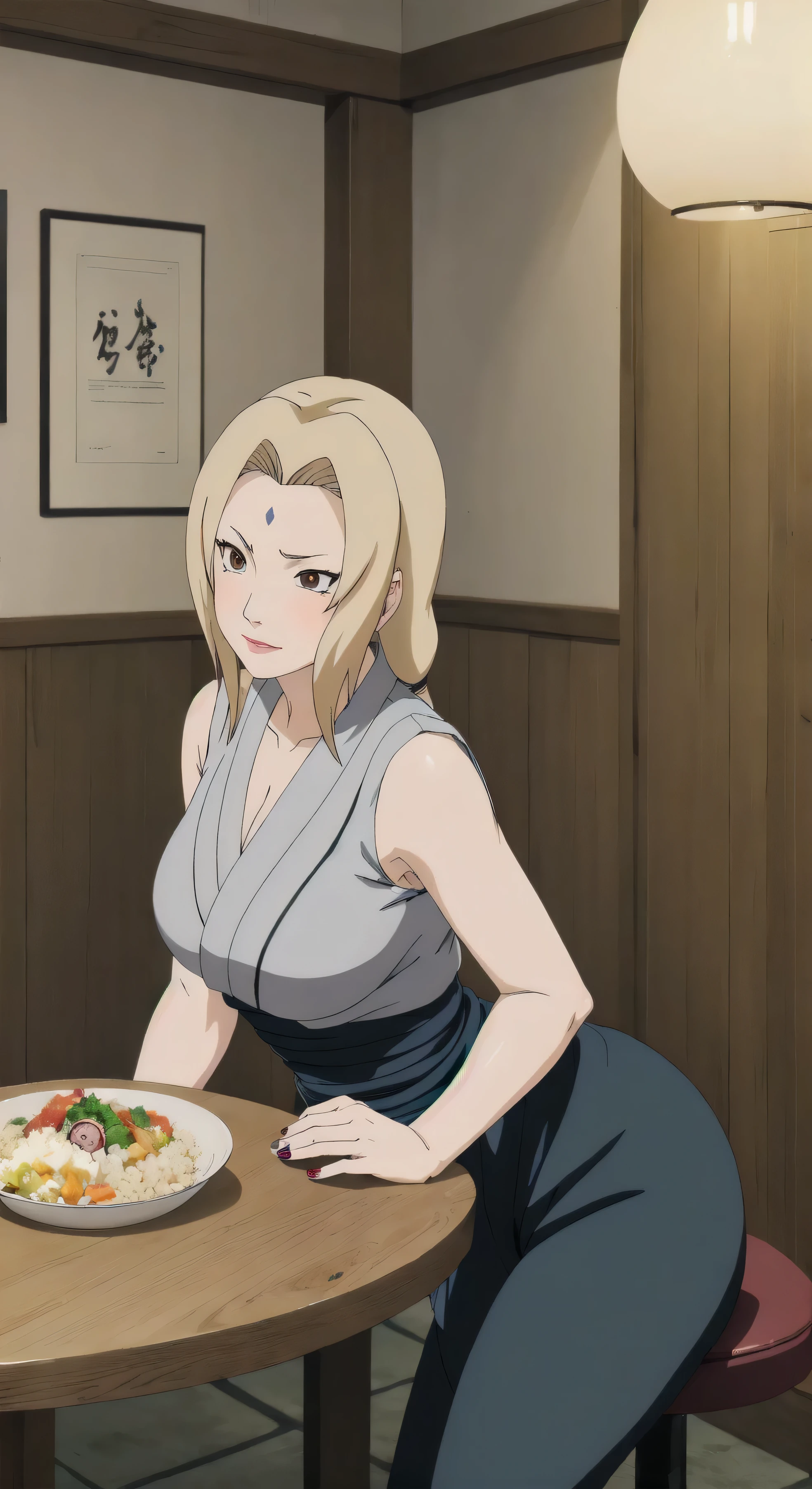 ( masterpiece,  highest quality:1.2), Alone, A girl, Tsunade Defense ,  forehead mark ,  High quality anime illustration ,  Tsunade Senju,  Blonde woman ,  long loose hair with loose locks framing her face,  golden eyes,  violet diamond mark on the forehead ,  dressed in short cream-colored sleeveless kimono ,  fitted with a blue belt ,  tight black pants,  open ninja sandals ,  sitting in a traditional Japanese break room , tatami, low wooden table ,  crockery with traditional Japanese food ,  tray with bowl of rice and soup ,  relaxed posture, slight smile,  calm and slightly blushed expression ,  warm light of Japanese lanterns , cozy atmosphere,  profile view ,  soft shadows ,  detailed anime style ."