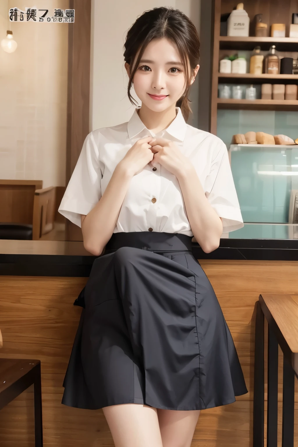 ((best quality, 8 thousand, masterpiece:1.4)), (20 year old woman), masterpiece, separated, Highres, High_quality, Large size_launch, small_face, absurdly_long_hair, german women, sag_chest, break the balance, stretching, mild_face, (a scene from a movie), (standing in the middle of the restaurant), (open_clothes:1.6), woman with blue eyes germany, German woman, waiter open uniform, her job is a waiter, cute waiter, (Tied up hair), blue eyes, orange hair, (surprised expression),