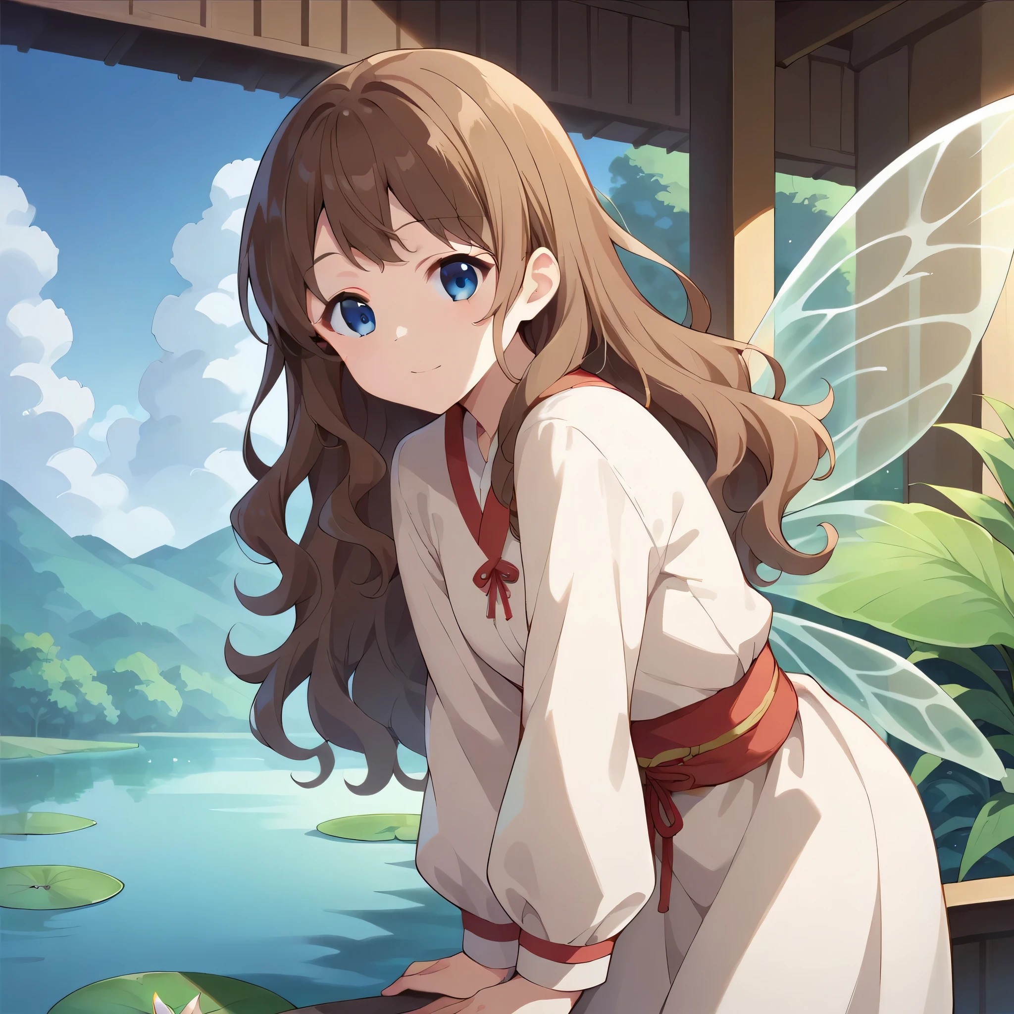 score_9, score_8_up, score_7_up, source_anime,
Lily white, ai shindou, long hair, blue eyes, brown hair, wavy hair,lily white outfit, fairy wings,
indoors, bent over, smile, japanese temple, sit on a lake,
looking at viewer, cowboy shot, dutch angle, solo,