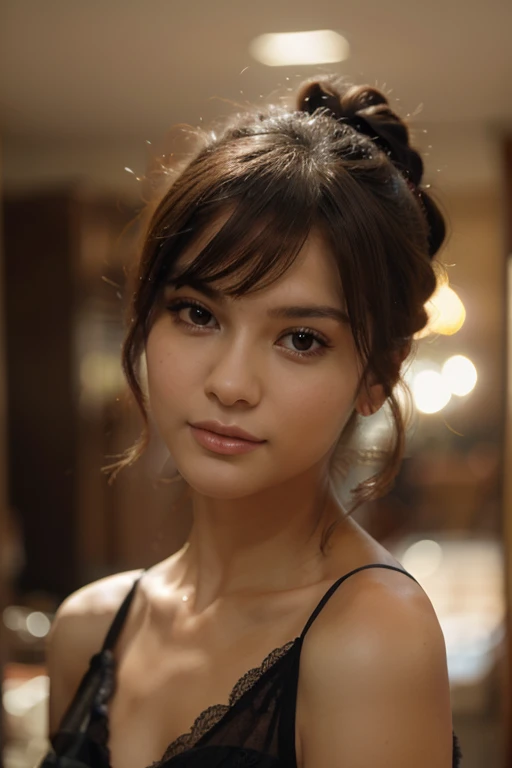 Dark and gloomy, 8k, Close-up of a 30 year old brunette Brazilian businessman standing against a dark background at night, (Real dark brown hair is straight、there are waves of light) , Compensate, Red lips, Brown eyes, (Black Lingerie), Look confident, Surreal, {Very beautiful olive skinned girl},  (Highly detailed skin: 1.2) {{{masterpiece}}}, Realistic texture, Dynamic configuration, Fujifilm XT2, 85mm F1.2, Shutter Speed 1/80, (Bokeh), High Contrast、
