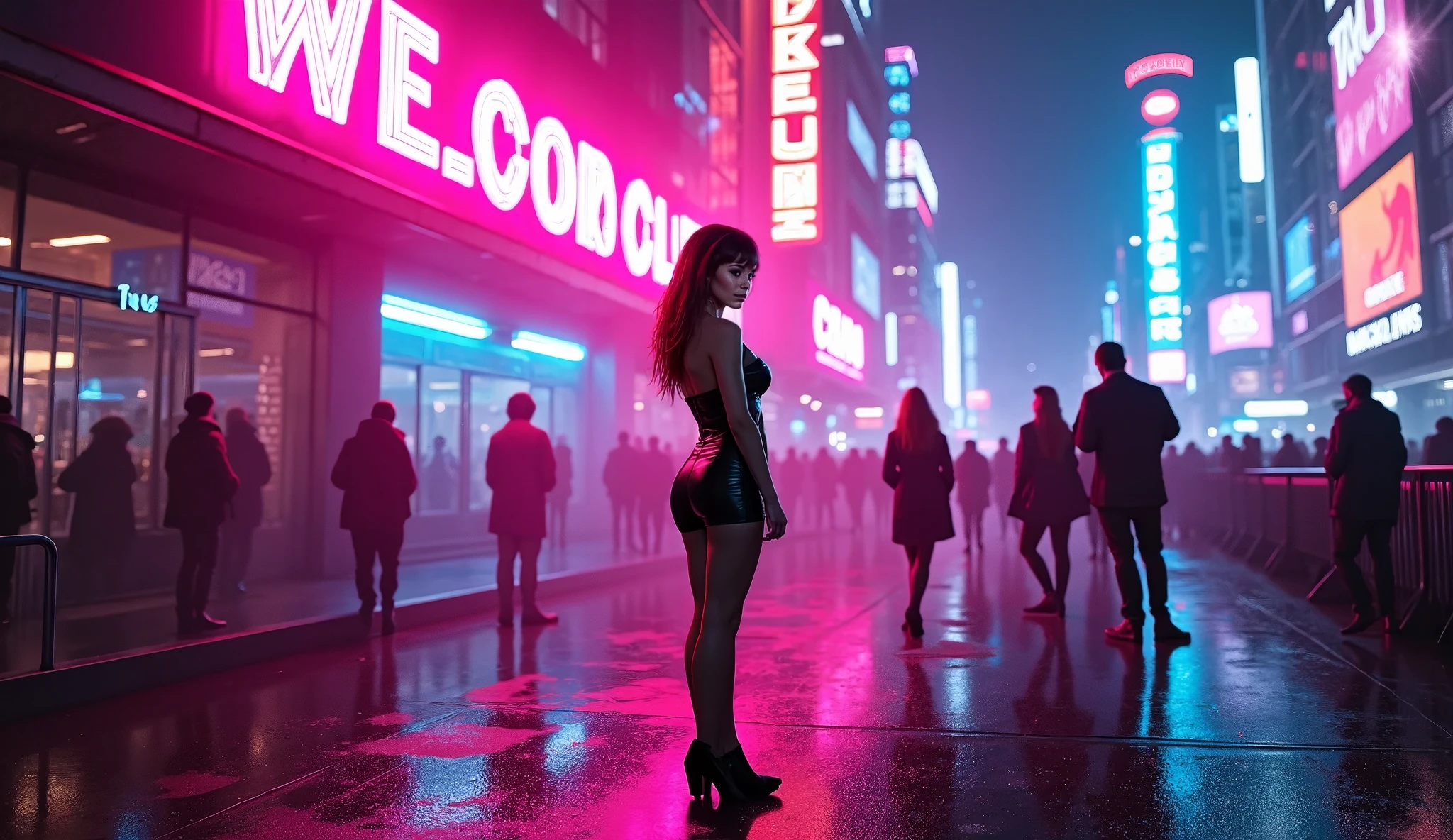 There is a woman standing on a sidewalk in the rain - SeaArt AI