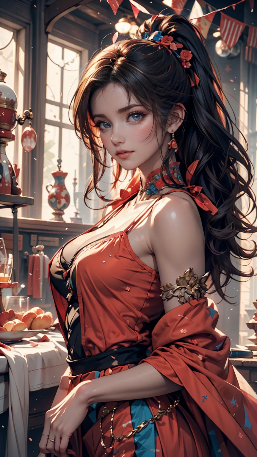 masterpiece,8k,high quality,real taste,top quality,beautiful cchinese lady,beauty Cafe staff,a seductive expression, very transfer clothes,red cheeks, goddess smile, a crying face, open red lips, very silky white skin,sheer,transparent sparking shiny pink blouse,red ribbon tie,most wet skin,sheer,transparent sparking shiny brown belting mini skirt, a powerful,very huge breast, a slim waist, the most delicate expression, (a three-dimensional depiction),very sadistic face,many glossy blue ponytail, big blue eyes, a gentle expression of the face,in a luxury hotel,very long wavy hair, luxury hotels cafe,