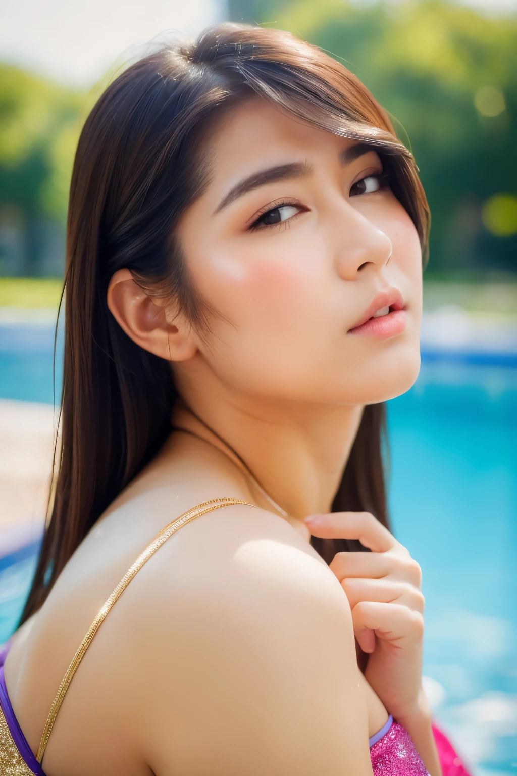 (女の子1人,17 years old girl), (Top image quality), (超A high resolution, Photorealsitic), 8K, nffsw, cinematlic lighting, beautiful lighting, Professional Writing, Physically Based Rendering, photon maping, A face with attention to detail, Face Highlights, Slim body, (((Upper body naked, The best gravure style, de pele branca))), large udder with rounded arrangement,,,,,,,,,、Brown-beige hair、Braided hair、The tips of the hair are gradated to pink-beige、Medium Hair:0.6、short-hair:0.4、Staring、Thin precious metal necklace、Poolside where you can feel the nature of a resort hotel、Waist-deep pool
