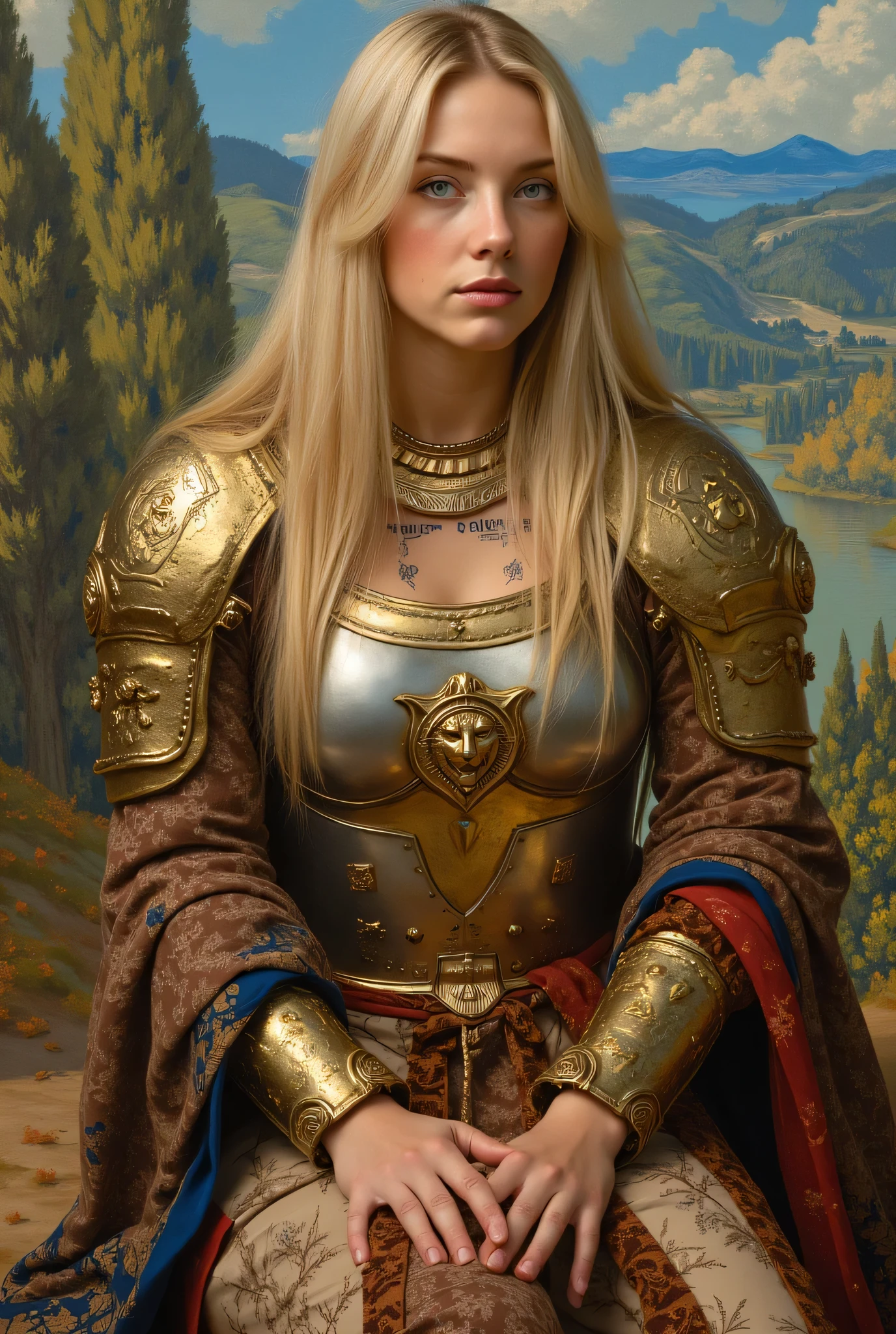 (photorealism:1.2), Realistic oil painting by William Adolphe Bouguereau depicting a beautiful European woman with light eyes sitting barefoot and dressed in gold and silver armor engraved with the symbol of a lion. She has extremely long blonde hair and a tattoo of Sumerian scriptures on her chest. Underneath, she is wearing a Japanese kimono with a brown, blue and red color scheme. In the background is a beautiful landscape inspired by Van Gogh.