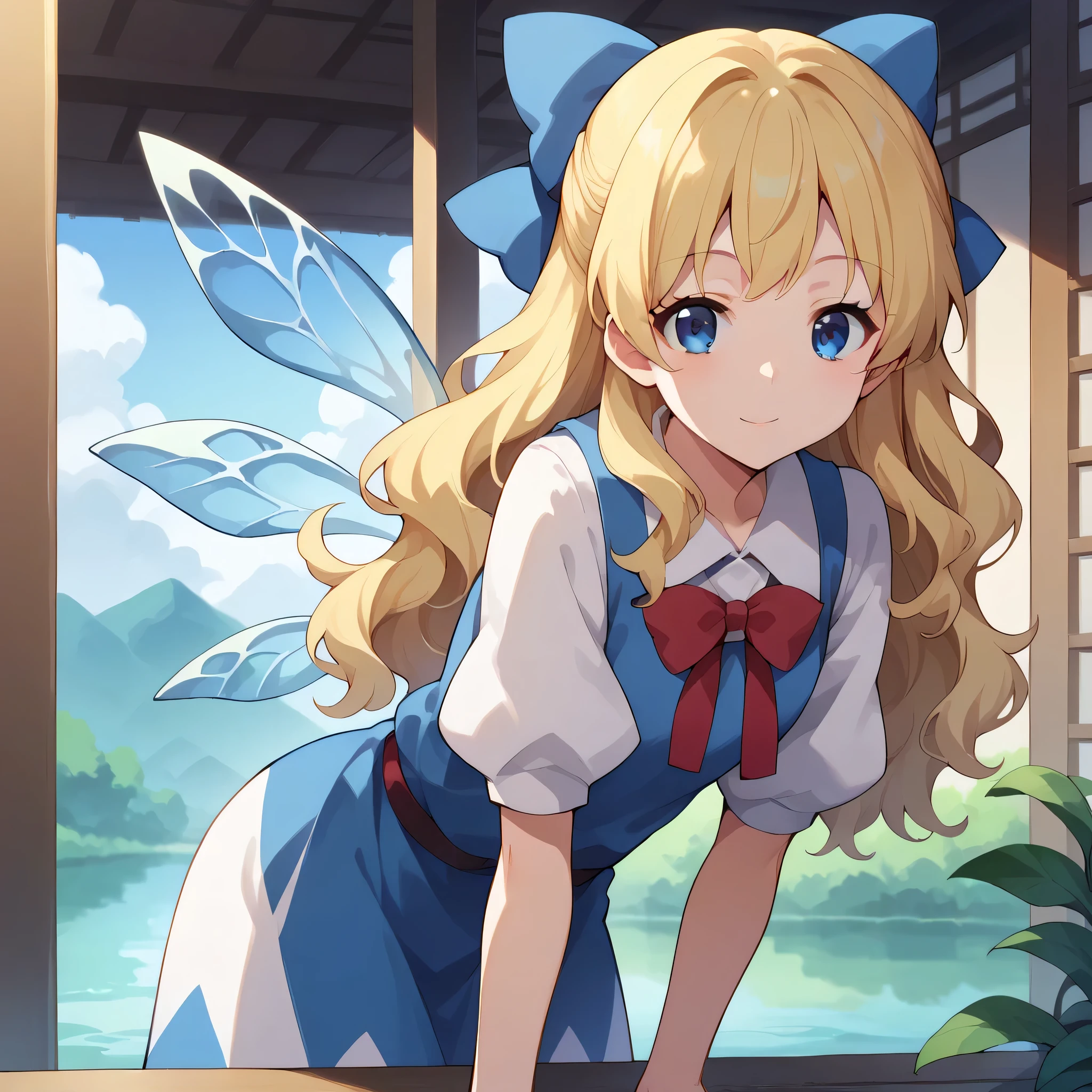 score_9, score_8_up, score_7_up, source_anime,
Lily white, ai shindou, long hair, blue eyes, blonde hair, wavy hair,lily white outfit, fairy wings,
indoors, bent over, smile, japanese temple, sit on a lake,
looking at viewer, cowboy shot, dutch angle, solo,