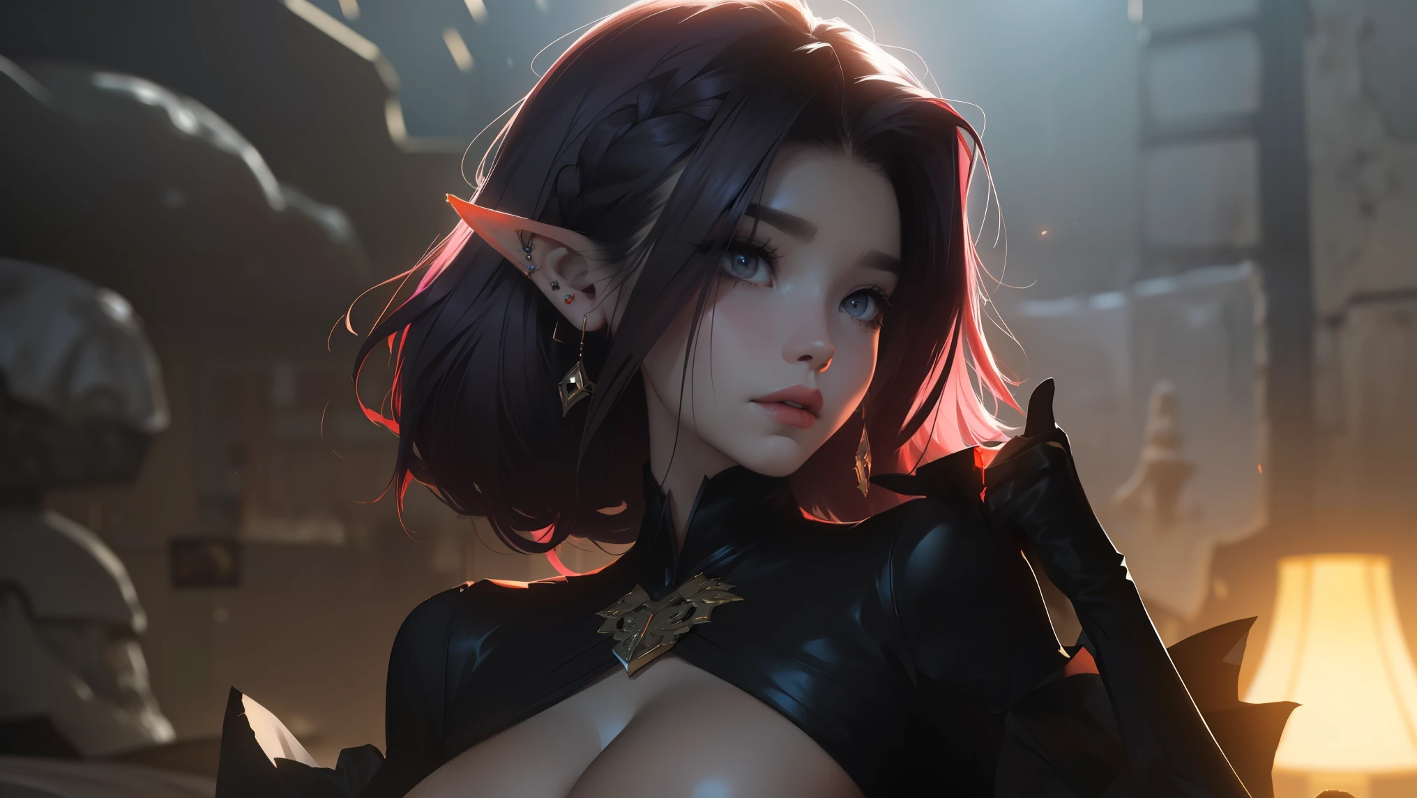 ((masterpiece, best-quality, ultra_detailed)), female elf dressed in latex suit, gorgeous, attractive, african, voluptuous, ample hips, insanelydetailedaccentuatedbigbooty, ((flirty)), looking back at viewer, portrait, photography, detailed skin, Realistic, photorealistic, 8k, highly detailed, full-length frame, HIGH RAW detail color art, piercing, diffused soft lighting, shallow depth of field, sharp focus, shallow depth of field, hyperrealism, cinematic lighting