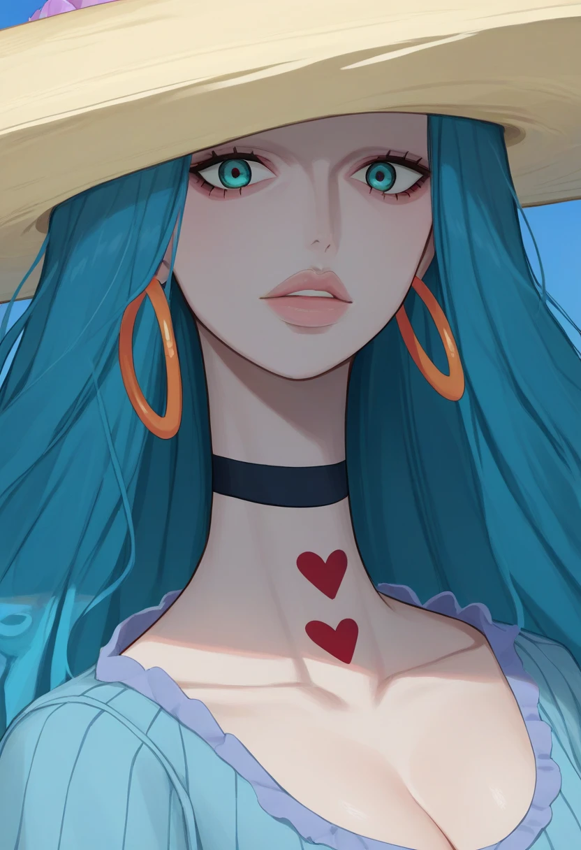 charlotte_amande, long neck, blue dress, sun hat, choker, smoking cigarette, masterpiece, best quality, extreme detail, 8k, image sharpness, <lora:Sett_Charlotte_AmandeV2:0.9>