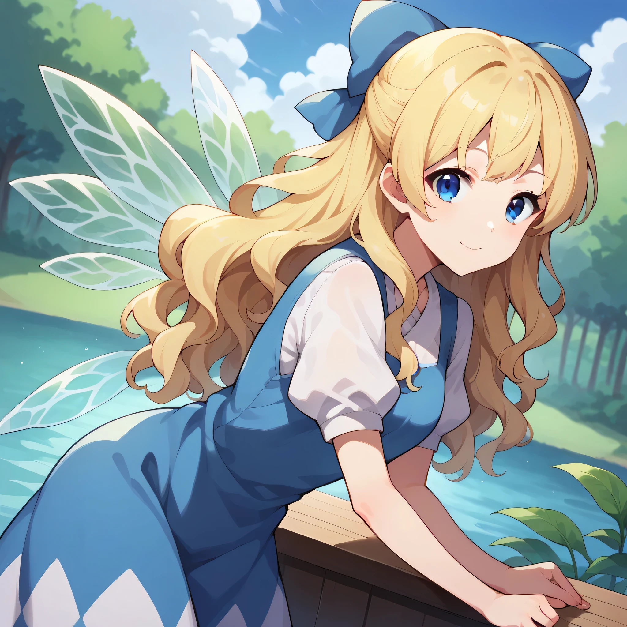score_9, score_8_up, score_7_up, source_anime,
Lily white, ai shindou, long hair, blue eyes, blonde hair, wavy hair,lily white outfit, fairy wings,
indoors, bent over, smile, japanese temple, sit on a lake,
looking at viewer, cowboy shot, dutch angle, solo,
