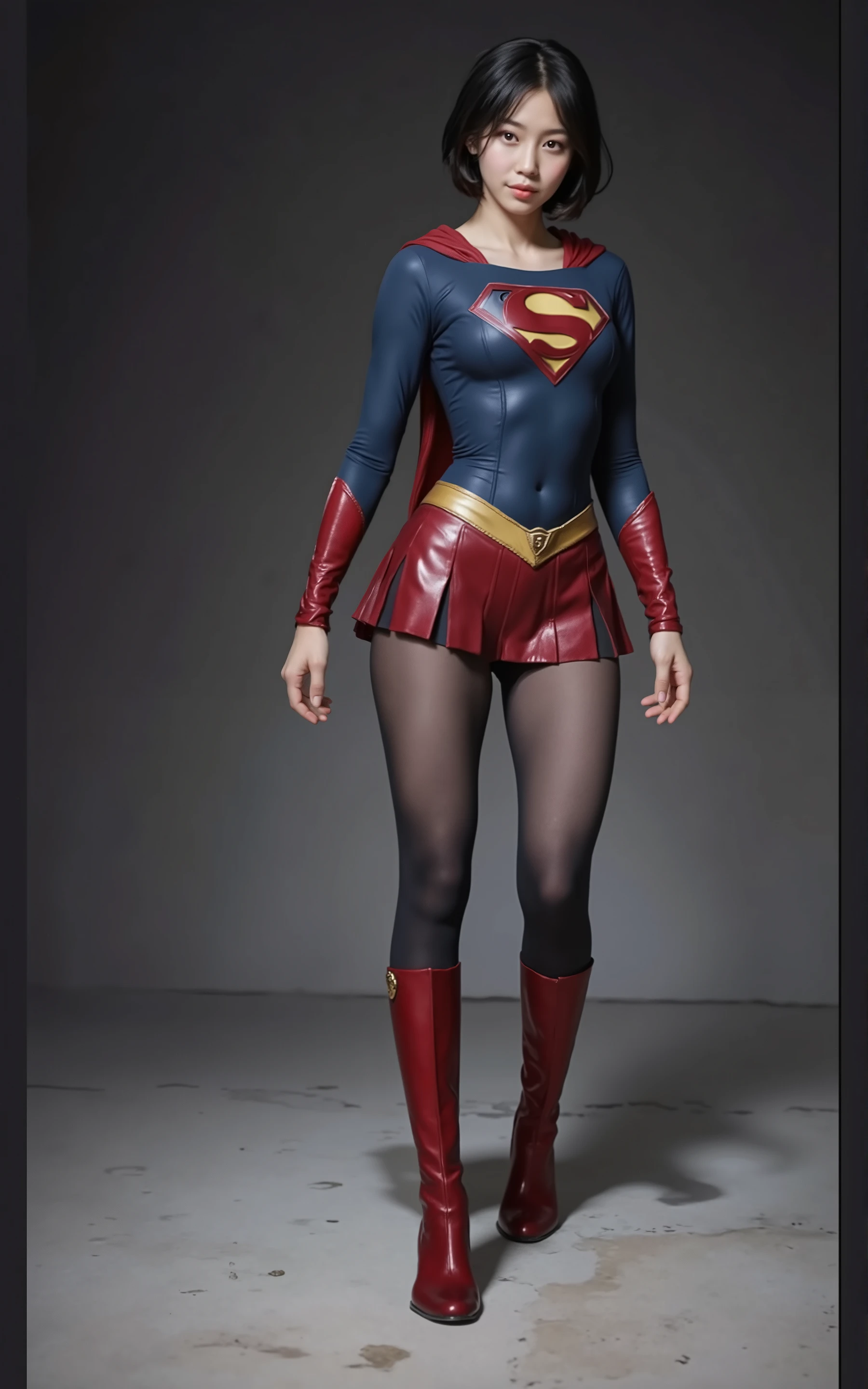 Background、((( BEAUTIFUL LEGS WITH BLACK TIGHTS .)))、((( Legally express the beauty of your smile )))、((((Make the most of )))、((( Supergirl Costume With Her Legs Up )))、(((Beautiful short bob hair)))、(((pain)))、((( wear black tights ....、Wear red boots)))、(( Max Image Quality、8k))、(( top quality、8k、 masterpiece:1.3))、(((Save Background )))、 sharp concentration:1.2、 perfect style:1.4、 slim abs:1.2、 wet body:1.5、 very detailed face and skin texture 、8k