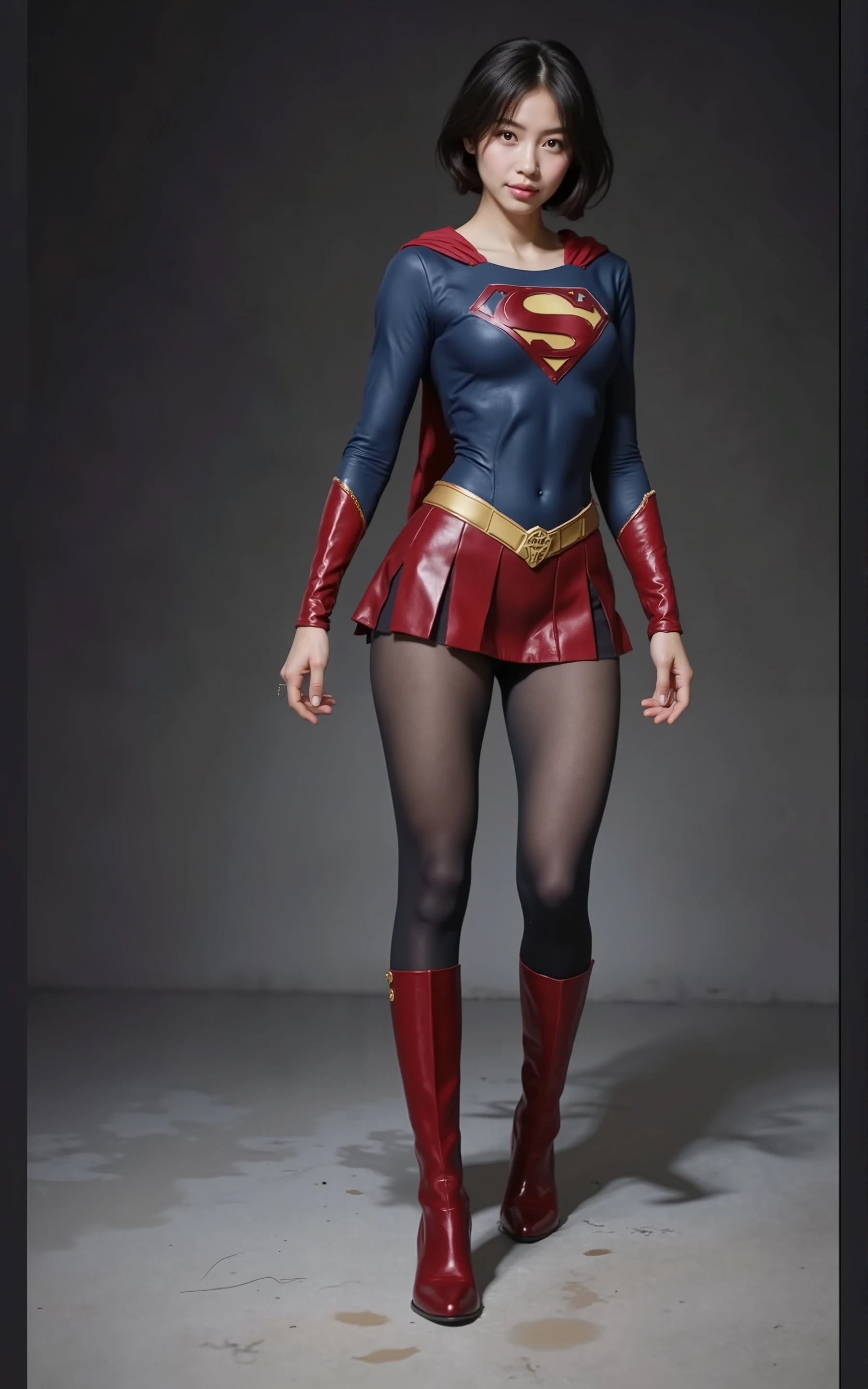 No background、(((Beautiful legs in black tights.)))、(((Legally express the beauty of your smile)))、((((Make the most of your original images)))、(((Supergirl Costume)))、(((Beautiful boyish short hairstyle)))、(((suffering)))、(((Please wear black tights....、Wear red boots)))、((Best image quality、8k))、((Highest quality、8k、masterpiece:1.3))、(((Preserve background )))、Sharp focus:1.2、Beautiful woman with perfect figure:1.4、Slim Abs:1.2、Wet body:1.5、Highly detailed face and skin texture、8k