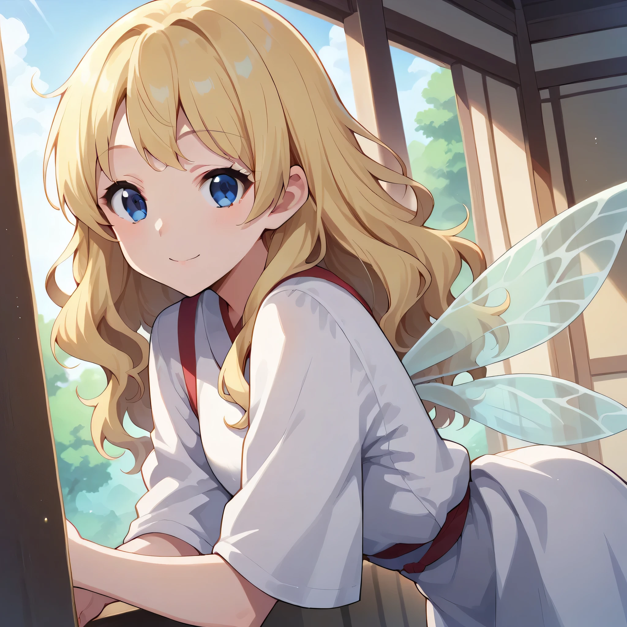 score_9, score_8_up, score_7_up, source_anime,
Lily white, ai shindou, long hair, blue eyes, blonde hair, wavy hair,lily white outfit, fairy wings,
indoors, bent over, smile, japanese temple,
looking at viewer, cowboy shot, dutch angle, solo,