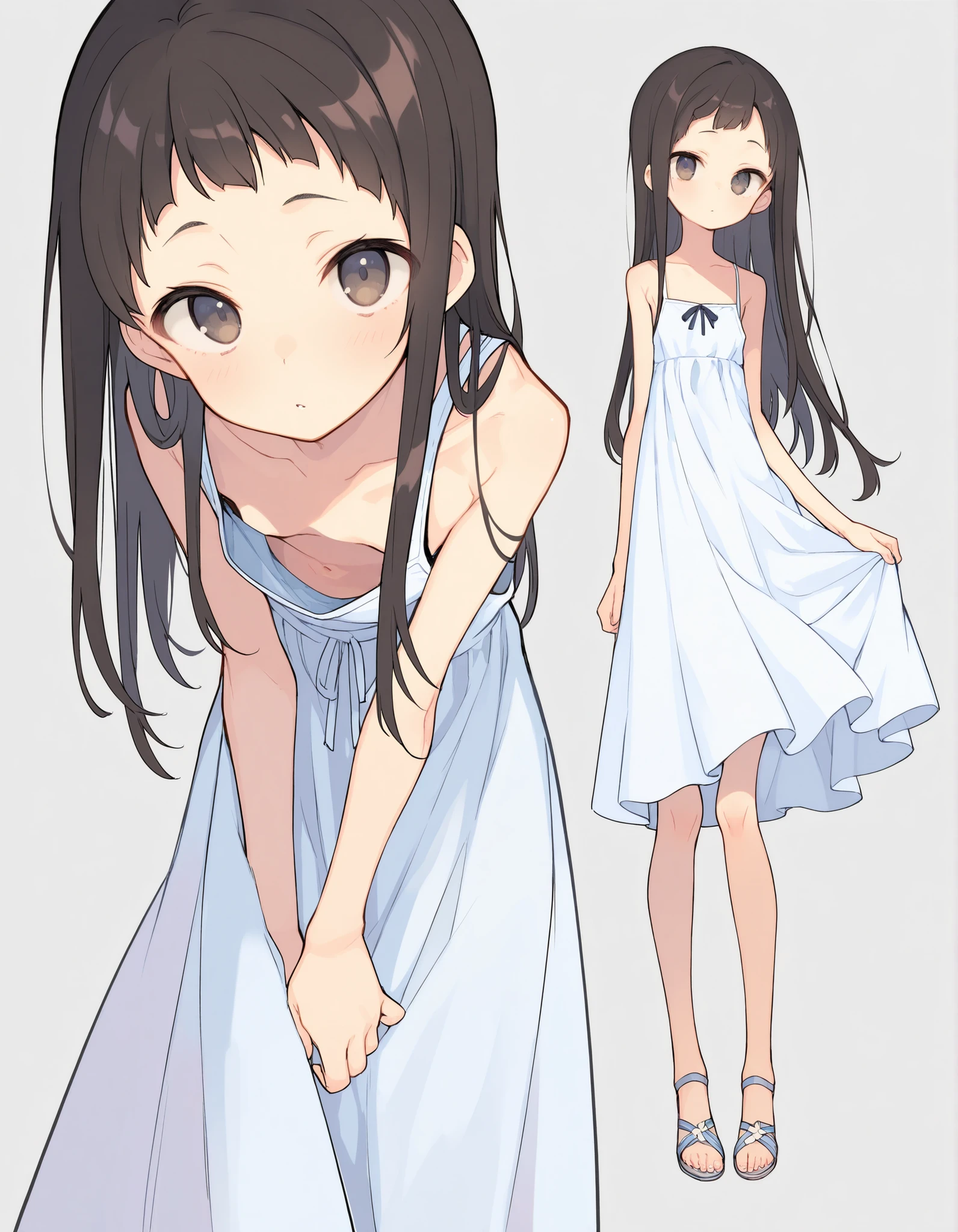 masterpiece, ttm,1girl,solo, full body, skinny , innocent, standing, sundress, long hair, short bangs, looking at viewer,multiple views, downblouse, dress lift
