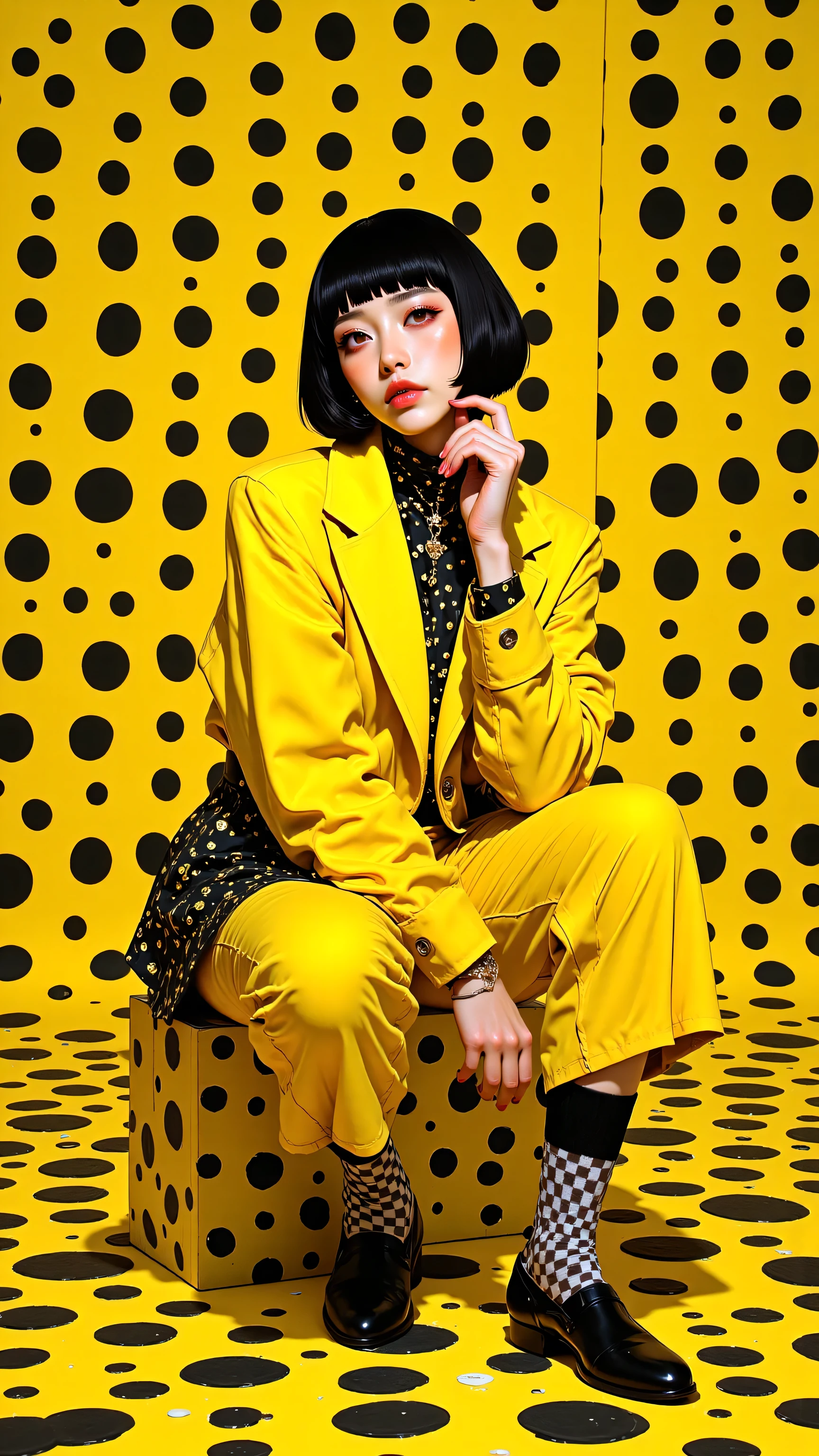 8k, masterpiece, highest quality, Korea's Beautiful Women, short black bob haircut, bangs, yellow outfit, polka dot background, bright yellow and black color scheme, geometric patterns, mod fashion, 1960s inspired, checkered socks, seated pose, vibrant contrasts, studio photography, stylized composition, pop art aesthetic