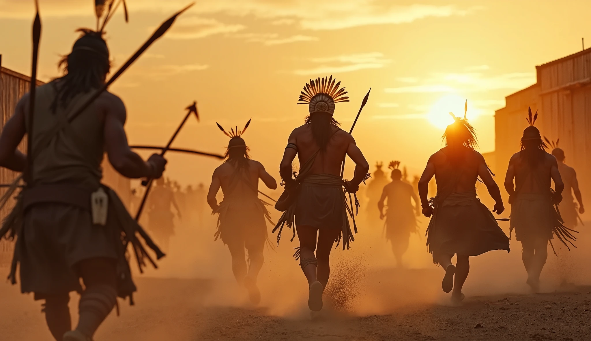 A breathtaking wide-angle and elevated view of a group of ancient tribal hunters, dressed in simple garments and navigating through the dry, sun-baked grasslands. with their bare feet, and their bodies glisten with sweat under the scorching sun. they all are fainting after running behind their prey for so long. The wind carries the scent of sweat, earth, and distant animal calls, creating a haunting symphony of life and survival. The hunters' deep connection to the land is evident in their practiced movements and keen senses, as they engage in their age-old dance with the elusive game. closeup view