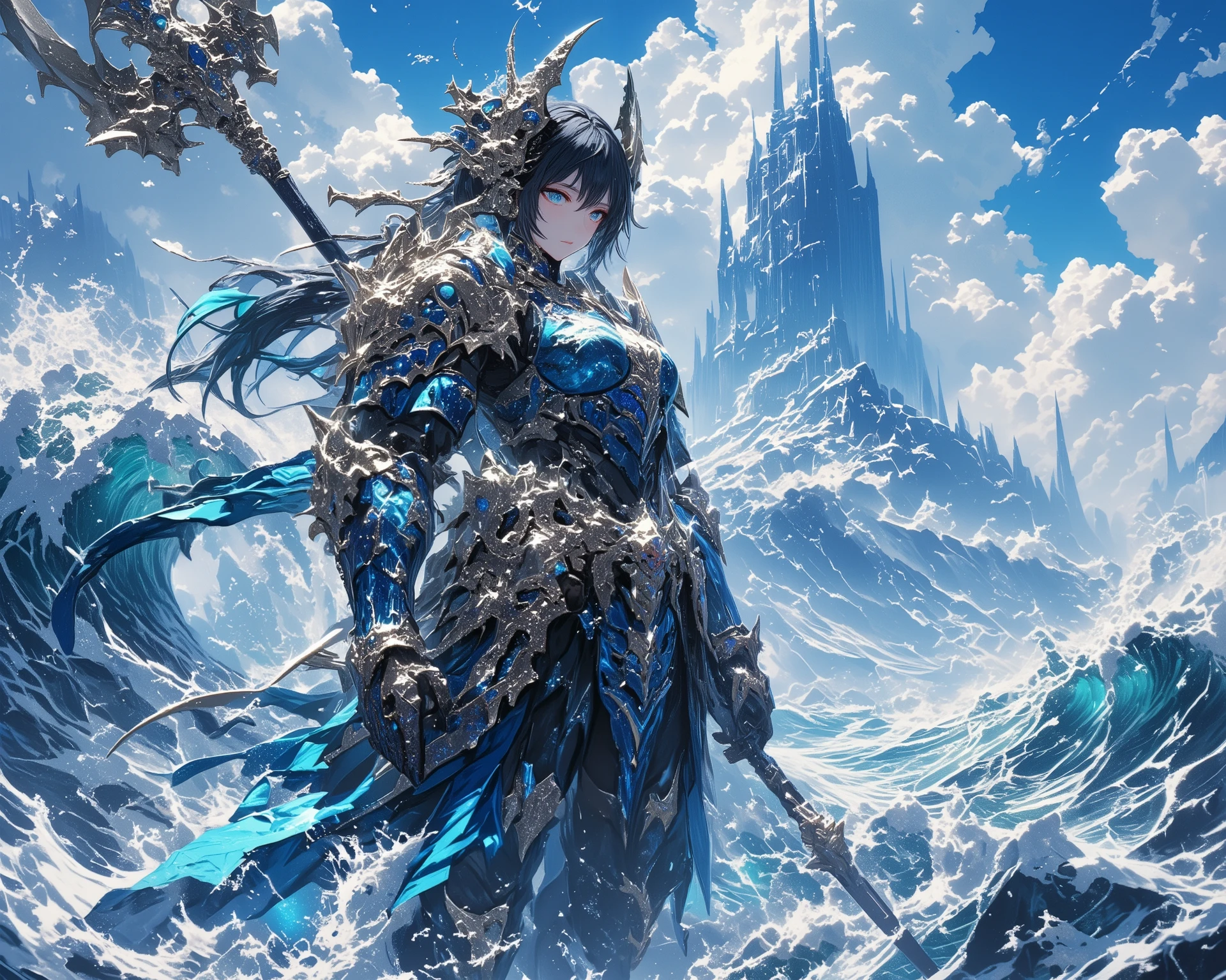 A (((background))) of the (ocean waves) with a (female 1girl) in a ((blue, hyper-detailed armor)) that reflects the (sunlight in the water) with an intricate ((trident) on her back, its design and ornamentation so detailed they seem to glow, set against a (background of a mythical, (enormous) tridant-shaped island) that exudes an air of mystery and adventure, Japanese style art, dynamic angle, masterpiece,