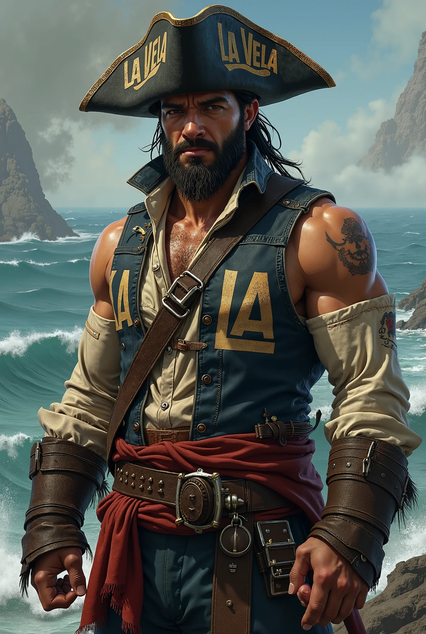 focus on character, portrait, (battlescars:0.7), looking down, solo, detailed background, (tribal aztec theme:1.1), outlaw, tattoos, elaborate Air superiority , pirate sailor outfit, eyepatch, pendant, dark expression, walking, sypglass, coastal pirate town, pier, docks, outpost, peaceful, sunlight, pirate tents, pirate fantasy atmosphere, <lora:Charasilhouette-V1-000001:0.7> charasil style, monochrome, full body, silhouette