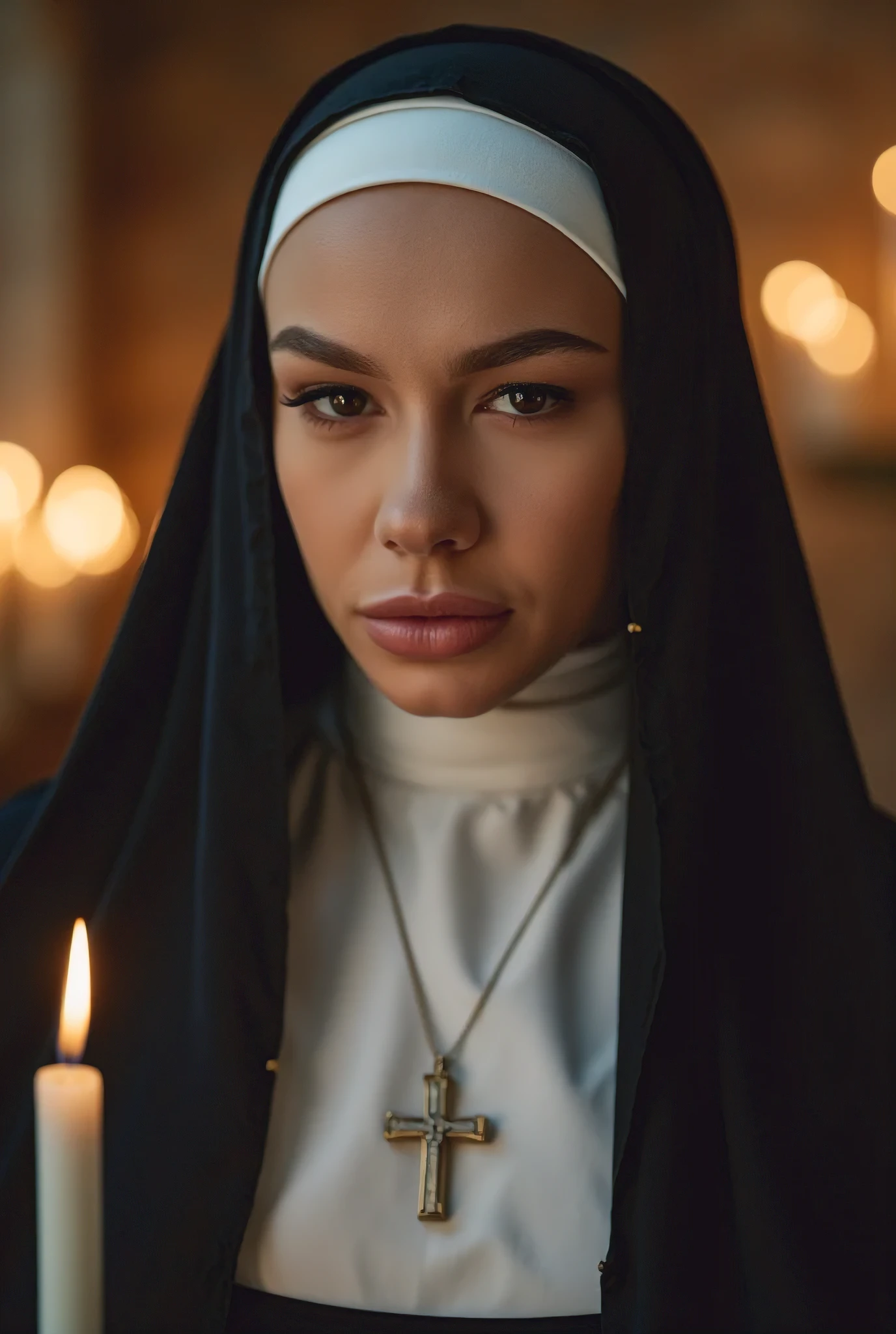 hyperrealistic, close-up of a portrait of a woman , dressed as a nun , her face is perfectly framed by a white bonnet and a fluttering black veil, completely covering her hair . Her expression is serene and thoughtfully , are deep , soft eyes , reflecting quiet wisdom . The fabric of her robe is smooth and finely woven , with delicate folds, creating subtle depth , without revealing any shape .
The soft flame of candles flickers gently on her smooth skin , , casting delicate highlights on her cheeks and nose . small, , the silver cross hangs right under the high collar of her robe , resting on a modest black tunic . background is blurred , showing the warm glow of candles , illuminating the ancient stone walls , evoking the calm stillness of the old chapels .
Extreme realism in the softness of the face , deep cinematic lighting , and the delicate religious atmosphere , enhancing the atmosphere of reverence and grace