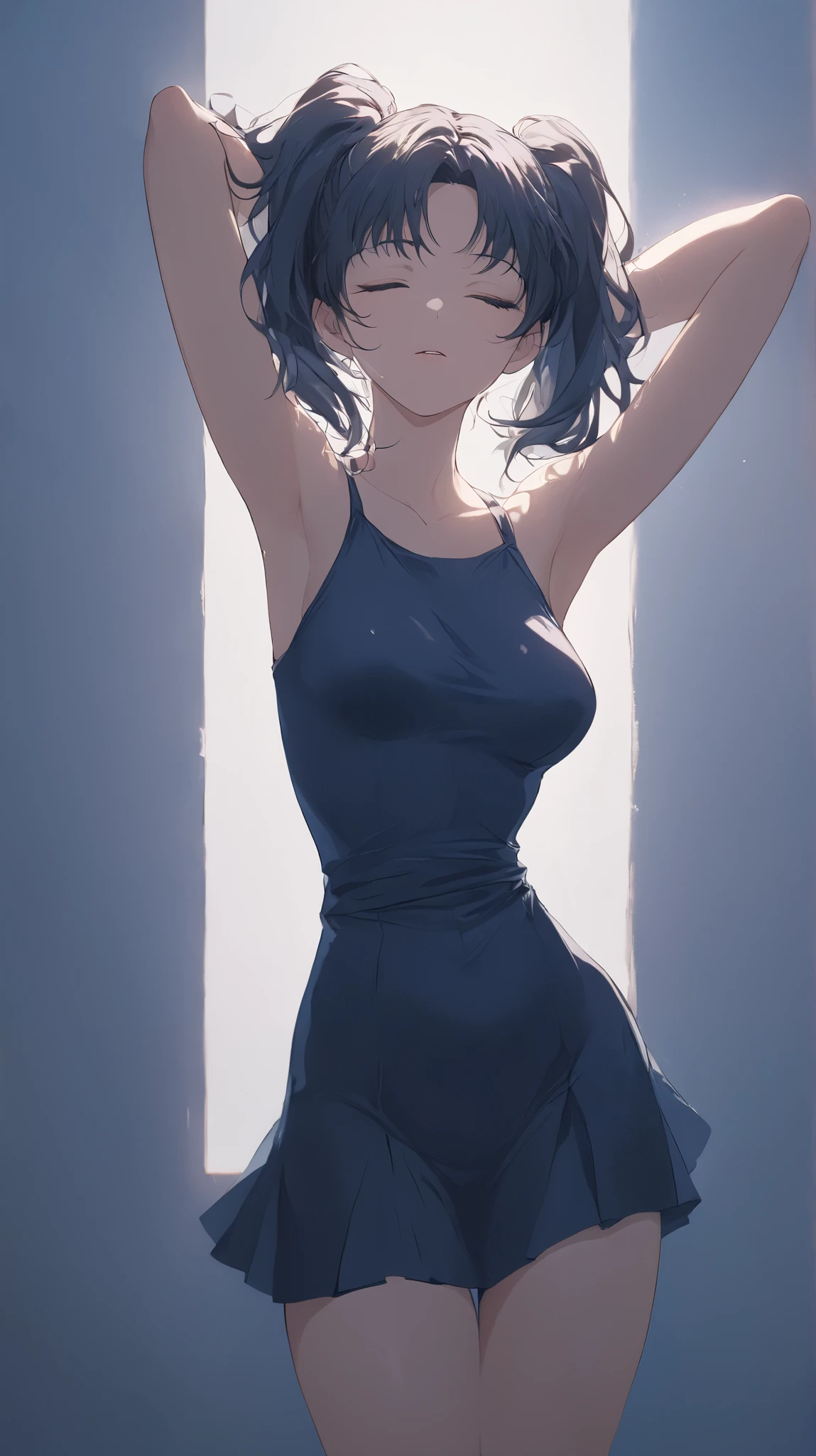 Create an intense, evocative portrait in the Japanese retro anime style of the 80s and 90s. The scene features a woman bathed in deep blue light, leaning against a wall with her arms raised, eyes closed in a moment of raw emotion. Her attire is minimal, accentuating the curves of her body and the dramatic shadows cast by the lighting. The background is stark, with sharp contrasts highlighting the contours of her form. The blue and black palette intensifies the mood, evoking a sense of mystery and allure. Subtle film grain and meticulous shading add depth and texture, emphasizing the emotional gravity of the scene. The lighting creates a chiaroscuro effect, accentuating her expressive pose and the intense atmosphere.