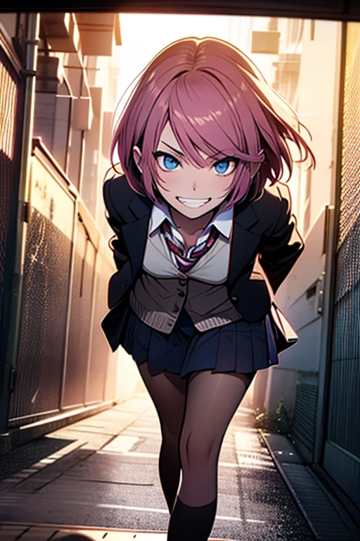 Masterpiece, Best quality, A high resolution, 1girll, Expressionless, wind blown, standing, From behind, view the viewer, shaft head tilt,Anime,(masterpiece:1.5), (bestquality), highlydetailed, ultra-detailed, short hair,Half updo,pink hair, silver eyes,hairband,glasses,hair_bow,cute girl,small breasts,school uniform,seifuku,pantyhose,white legwear