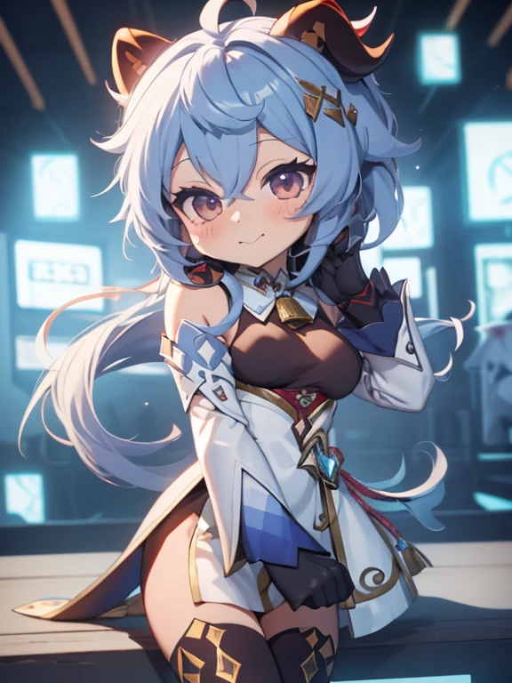  fullcg,Best quality,highest quality, 8k,Soft lighting, Confused, Looking at the audience, alone, smile, Knee socks, Genshin Impact,((low length:1.5)),((chibi:1.5)),1girl,difficult,Cute official outfit,cowboy shot,Ganyu Genshin Impact | Character Lora 1199, long hair,orange eye,