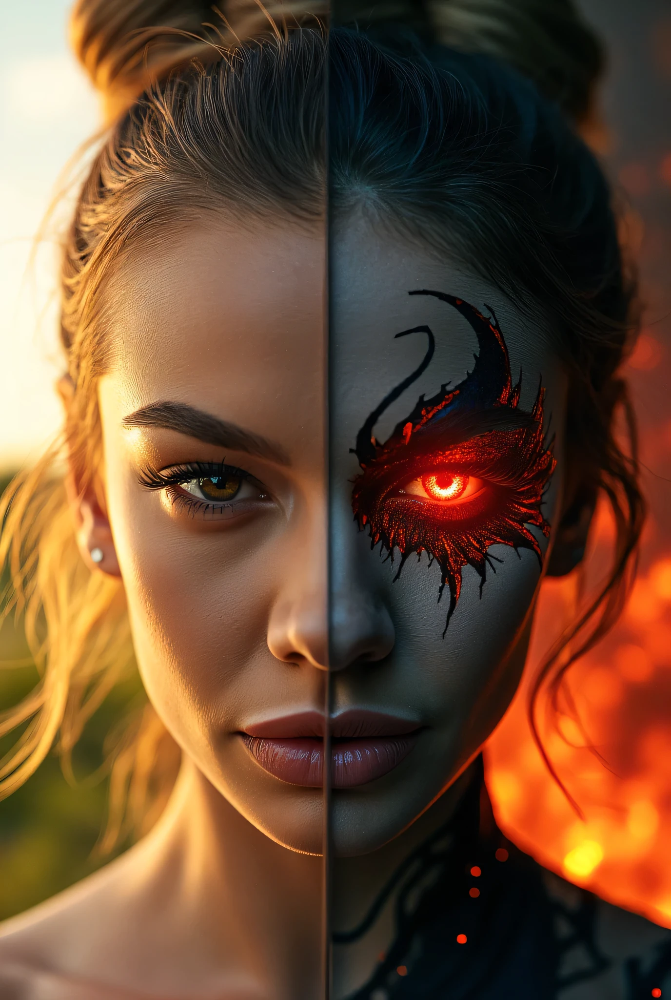   A hyperrealistic close-up portrait of a woman's face ,  perfectly divided in the middle , , , the left side looks like the usual  , Radiant, and a flawless , ,  and the right side turns into a demonic nightmare  .   Her right eye glows creepy red  ,  } her skin is cracked by melted cracks  , }  and a jagged black horn curls from her temple  .   The lighting is very split and the warmth is golden light ,  illuminating her human side  , ,  and the dark crimson color and shadow hide her demonic transformation .   The background slightly shifts from the soothing  ,   a sunlit meadow on one side and fiery  ,   hellish landscape on the other  .   ultra-detailed facial textures  ,   extreme contrast of lighting and emotions  ,   spectacular fantasy realism  