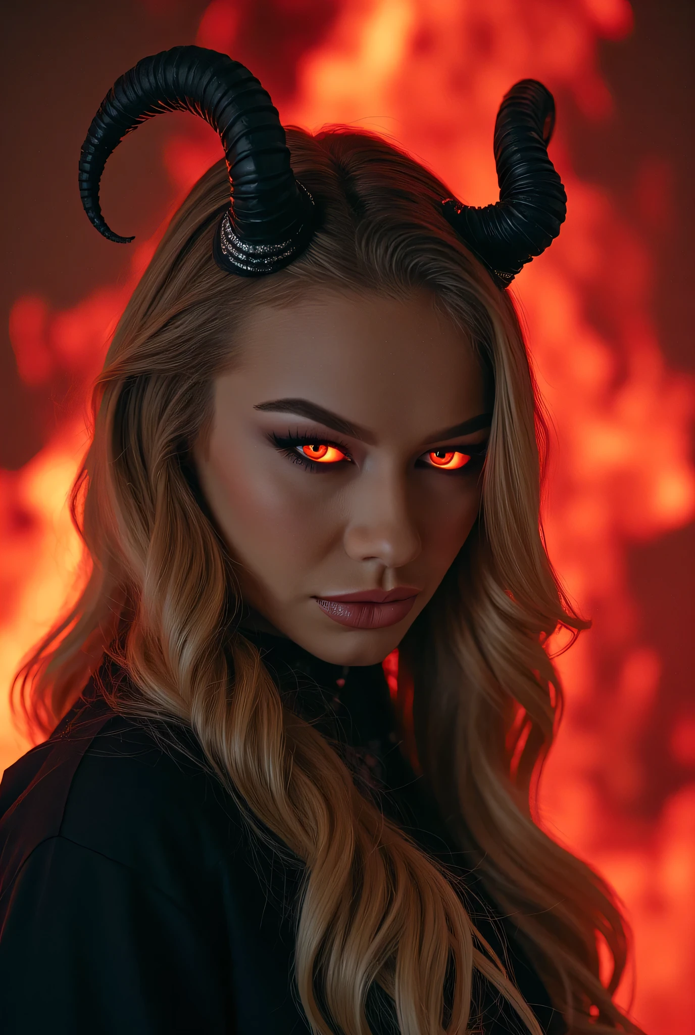 hyperrealistic, portrait of a mysterious and strikingly beautiful demon woman , face, framed by her loose blond hair , Her intense , composition with glowing amber red eyes , looking at the viewer with calm confidence . She wears an arched doorway , , dark gothic outfit with elegant silver accents , , completely covering her , but perfectly emphasizing her regal presence . Her sharp , distinct features are partially framed by two graceful , , elegantly curved obsidian and black horns , , giving her a commanding aura . Her facial expression is unreadable — calm , compiled, , but carrying a hidden stream of great power . . The subtle flickering of coals reflects on her smooth skin , , hinting at fire under , while her long , dark hair , flowing with soft waves , , capturing the red glow hellish landscape behind her . The background is blurred by the swirling crimson mist and the weak , fiery silhouettes , , ensuring a clear face , dominant attention in the . Exceptional realism in contrast to her face , , moody and dramatic hellish lighting , cinematic fantasy aesthetic