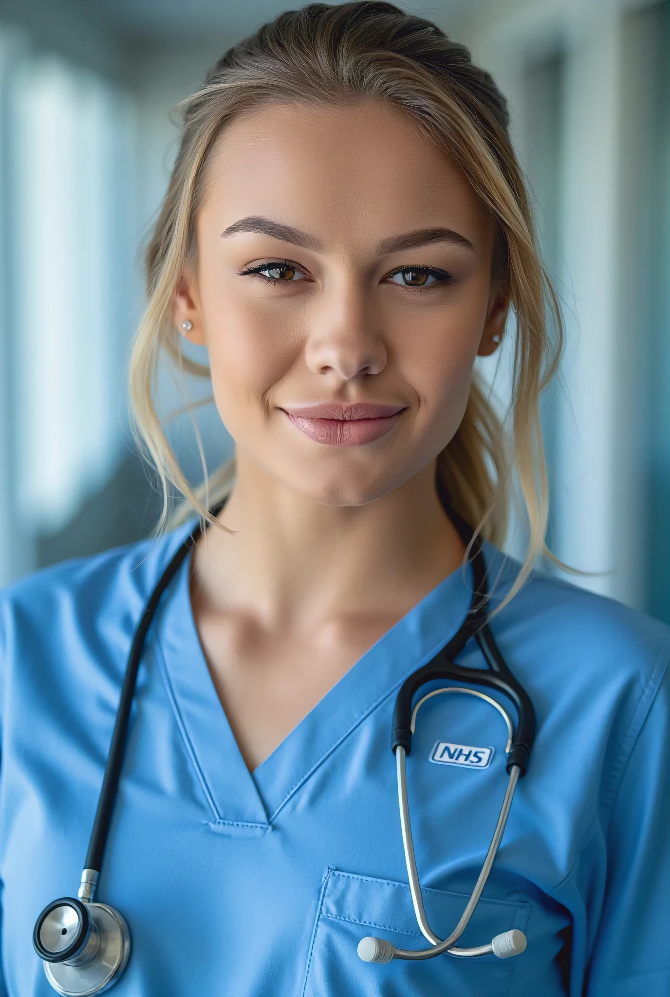 hyperrealistic, a close-up portrait of a woman in a neatly pressed NHS nurse , light blue fabric is crisp and professional , with a small embroidered NHS logo on her pocket . Her expression is calm , but attentive , , reassuring smile , touching her lips , when she looks directly into the camera with warmth and confidence .
Her blonde hair is tied back in a ponytail The , with a few loose , softly framing her face , , ensuring clean and effective , but natural appearance . The stethoscope hangs freely around her neck , her tube , capturing clinical white light from the hospital setting . Background is softly blurred , uniform with glimpses of a well-lit hospital room with soft blue and white tones , , adds depth and focus remains on her face .
Exceptional realism in facial details , professional clinical lighting , and the soft depth of the environment , enhancing the realism of a working medical facility