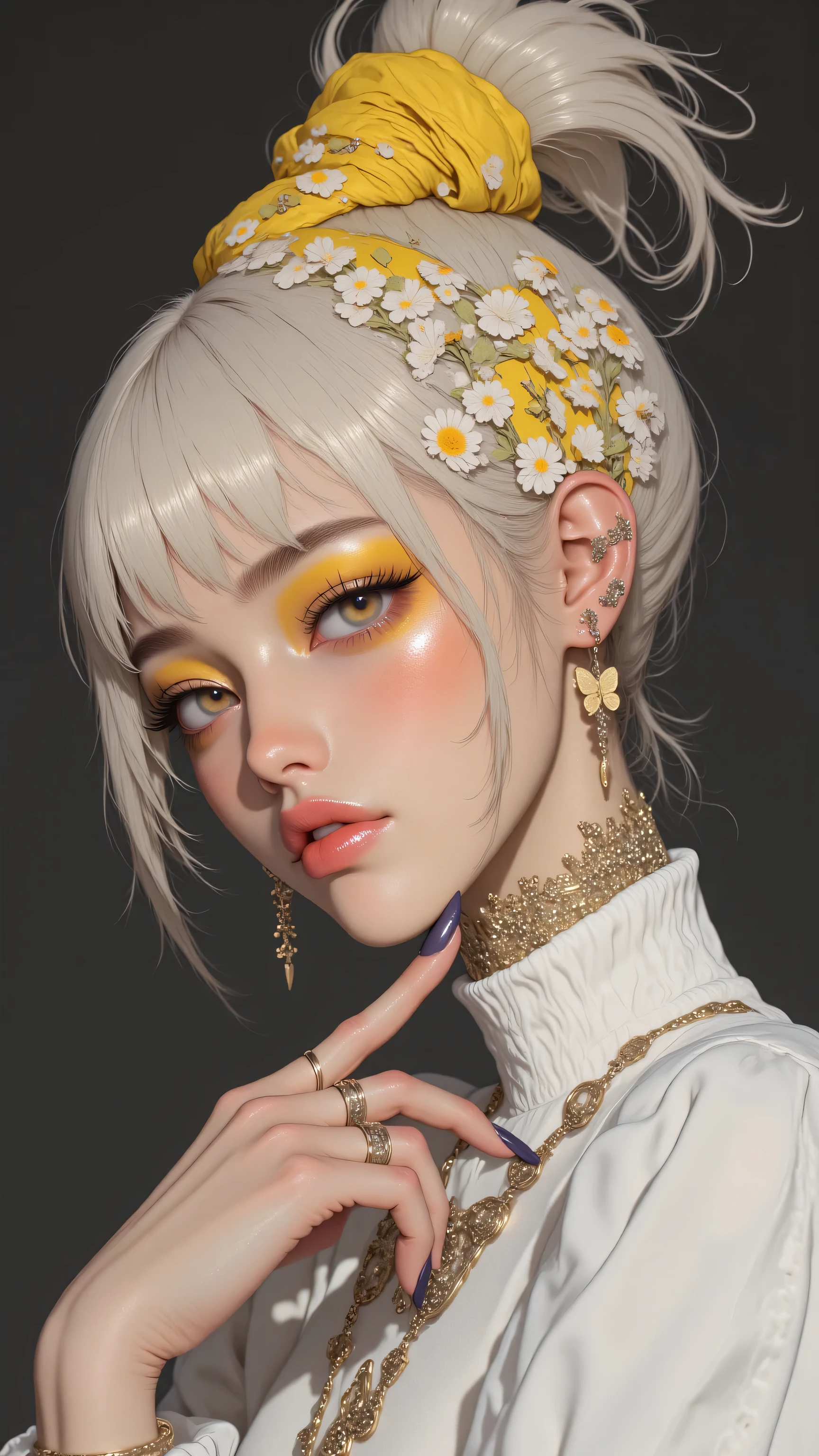 8k, masterpiece, highest quality, Korea's Beautiful Women, Close-up, platinum blonde, high ponytail, yellow scrunchie, bold yellow eyeshadow, daisy shapes, nude pink lips, shaped eyebrows, butterfly earrings, butterfly ring, dark purple nails, white puffy-sleeved top, smooth skin, off-camera gaze, dark gray background.