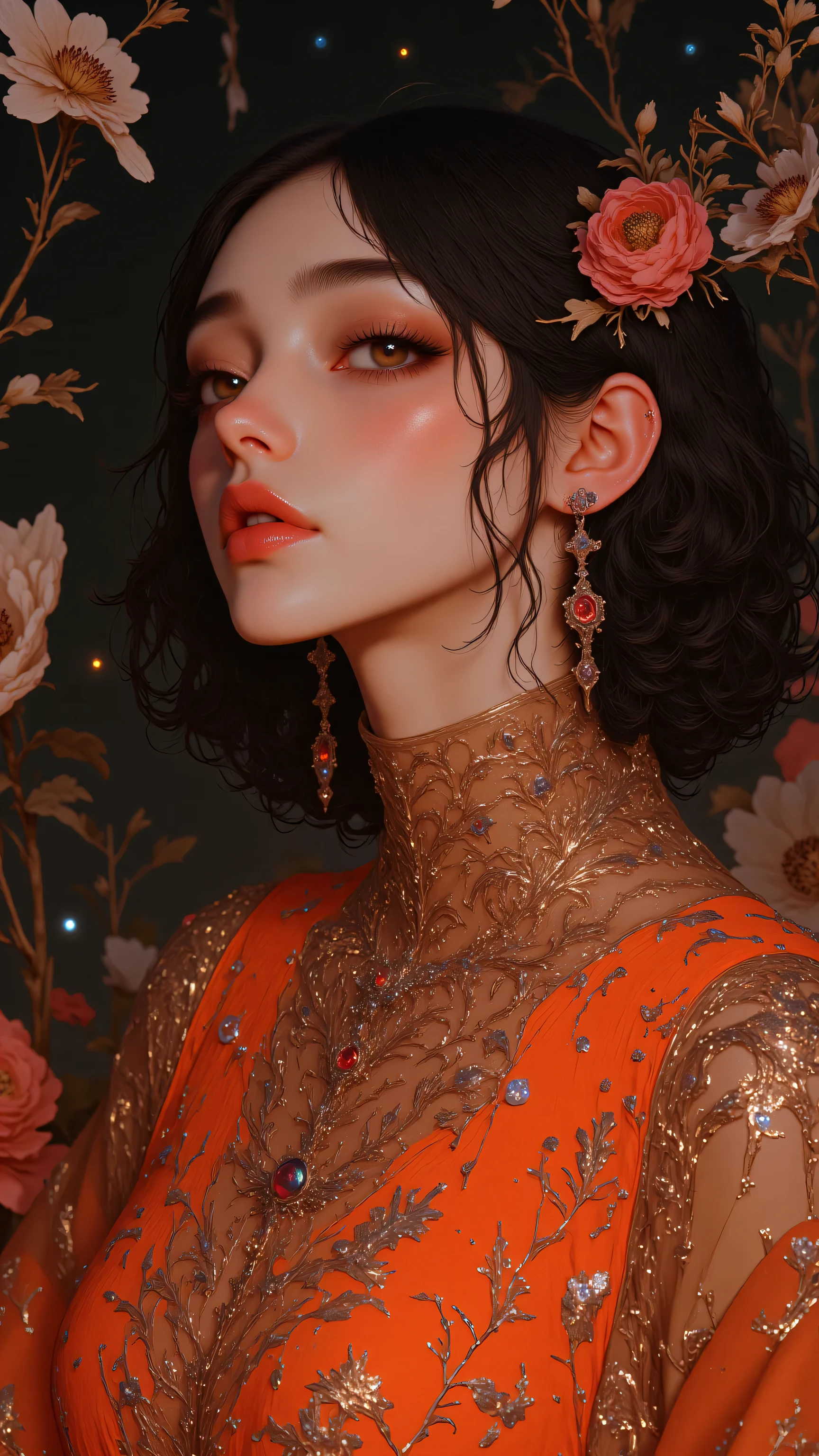 8k, masterpiece, highest quality, Korea's Beautiful Women, Close-up, serene, dark wavy hair, reddish-orange, sheer, embroidered, floral, delicate, sequined, orange, red, flowers, cosmos, glowing, bokeh, fairy lights, dreamy, ethereal, warm, oranges, reds, muted blues, sharp focus, intricate details.