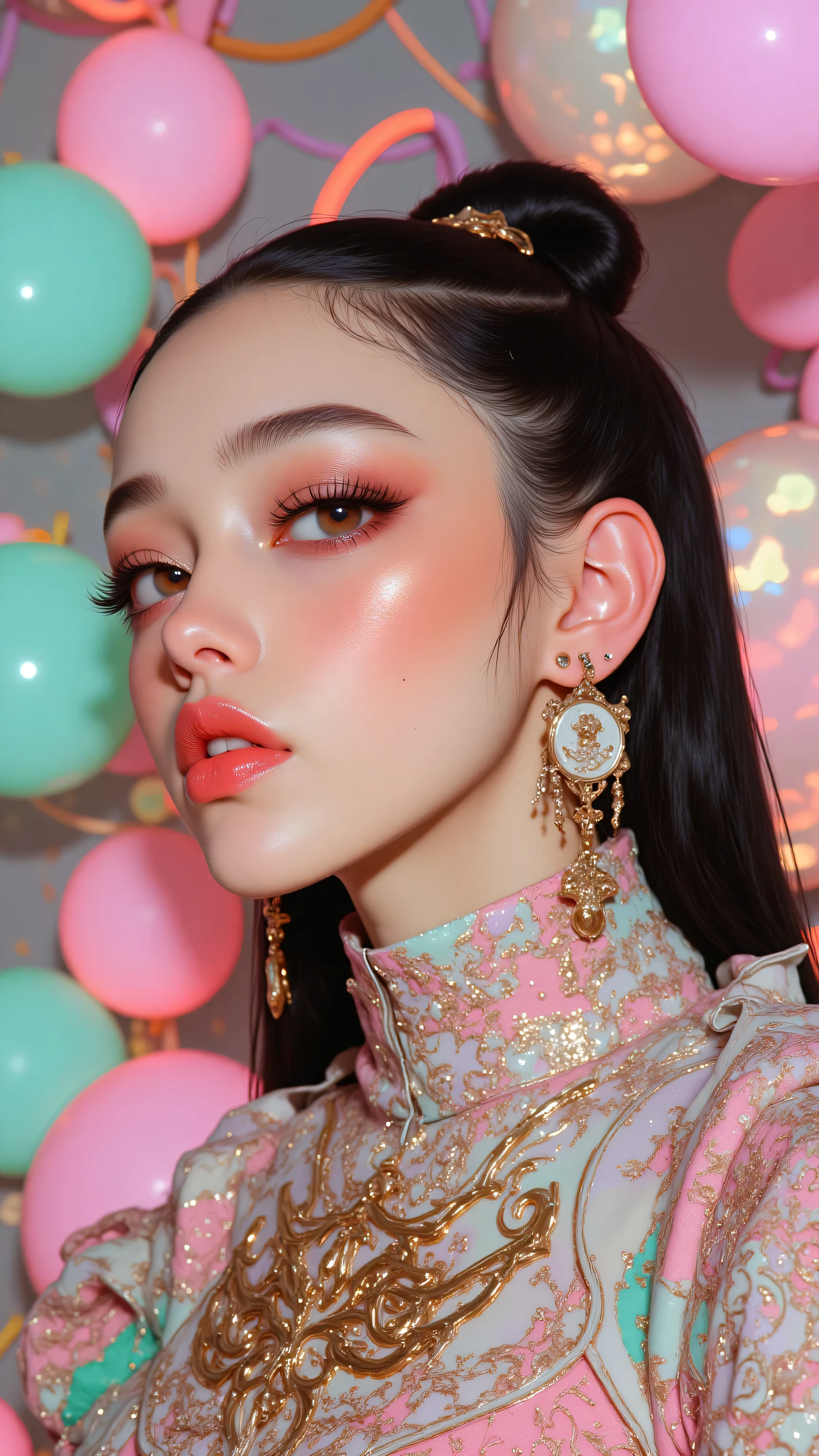 8k, masterpiece, highest quality, Korea's Beautiful Women, High-angle, close-up. Sleek bun, dark hair, full face, bold makeup, red lipstick, high-neck halter top, pastel colors, dragon designs, large earrings, confident expression, bright background, neon balloons, model pose, side profile, fashion photography.