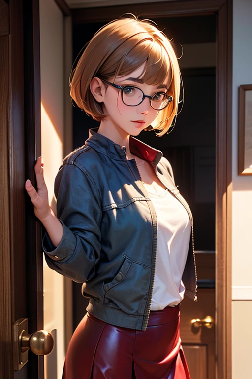 <lora:VRAMsVelmaDaphne640:0.5>, xyzvelma, 1girl, beautiful, portrait, closeup, cycles render, ginger, bob cut, glasses, trendy clothes, jacket, midriff, shorts, choker