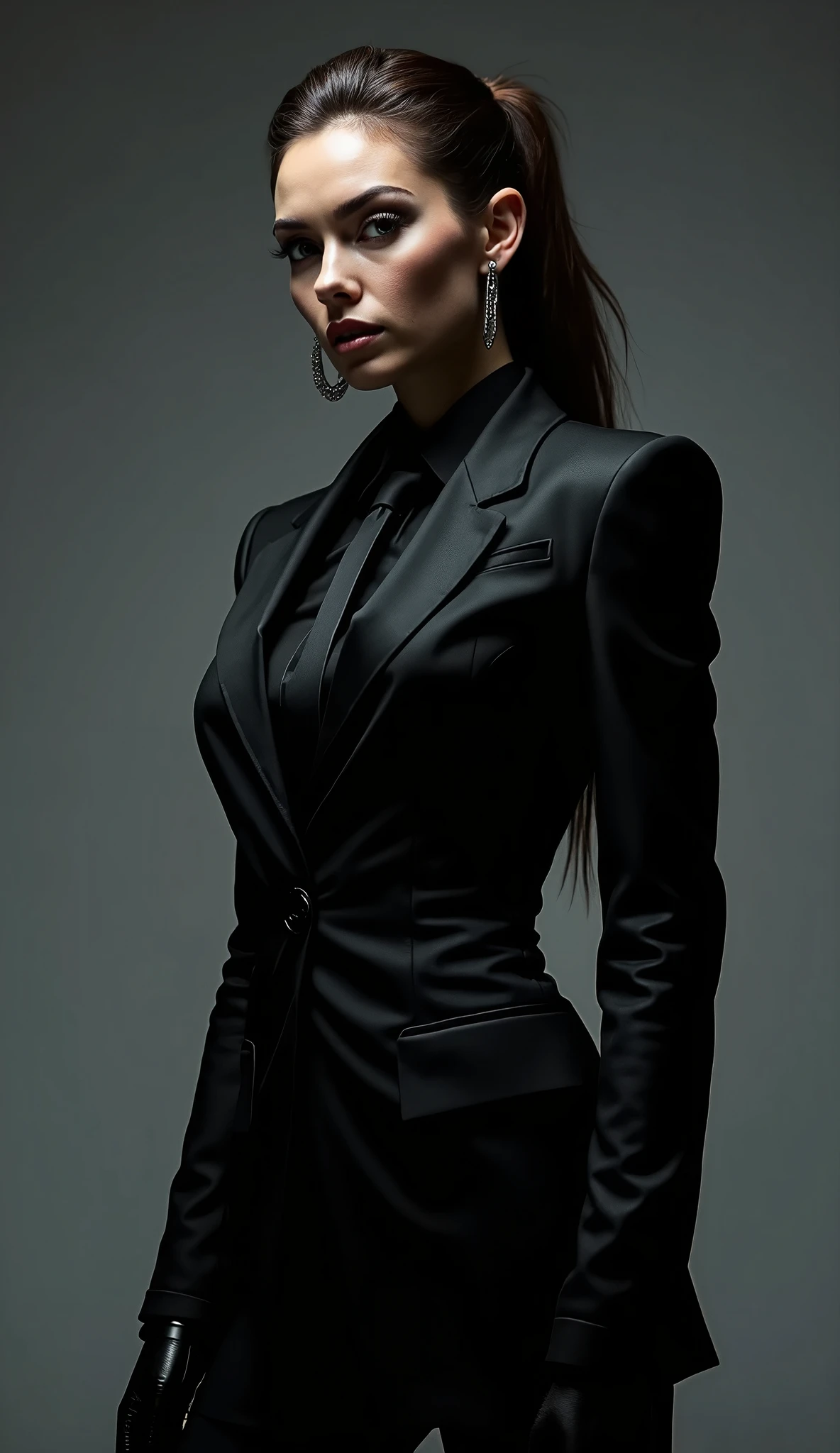 Arafed woman in a black suit and gloves posing for a picture - SeaArt AI