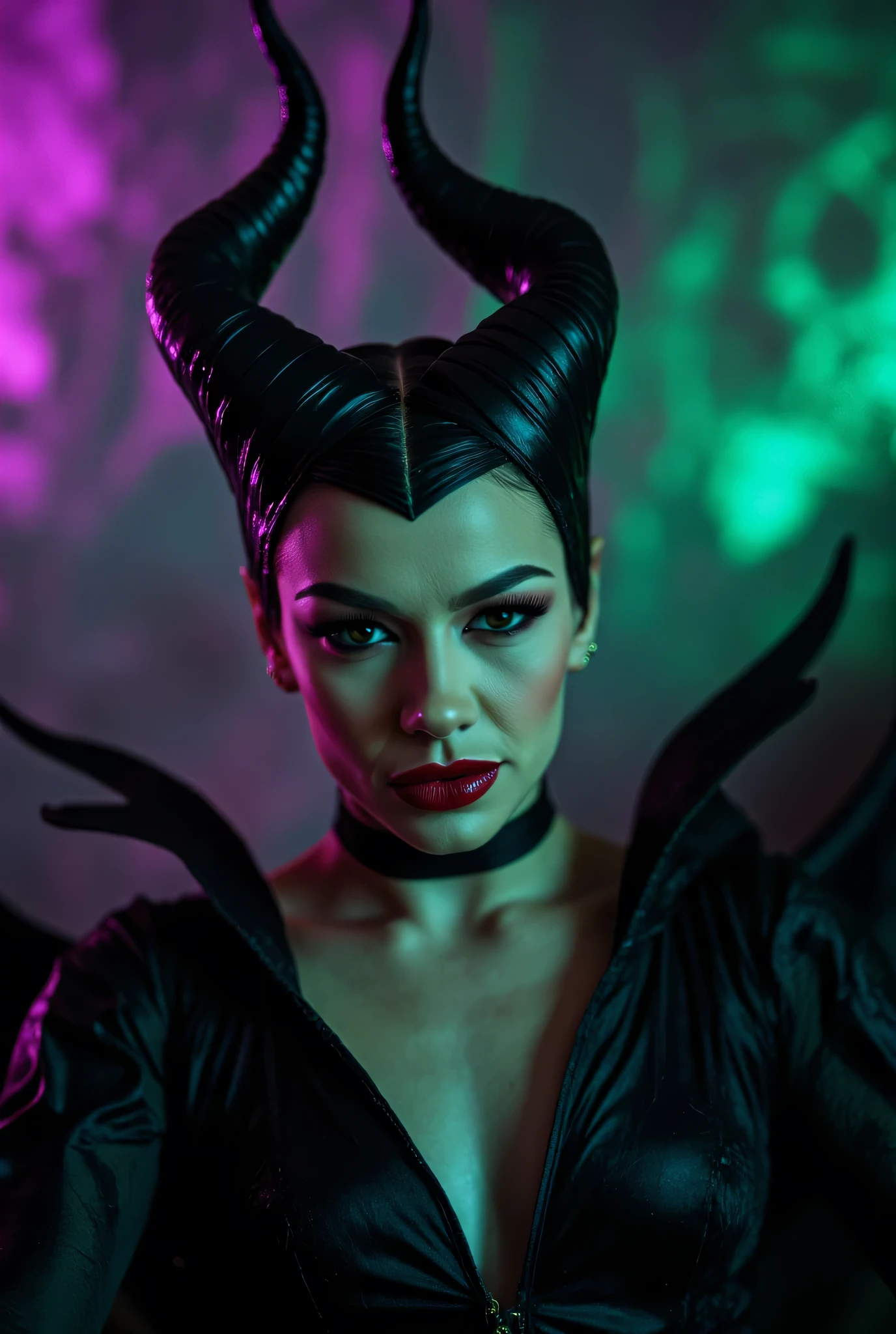 A stunning nude 3/4 shot of Maleficent looking almost non human, dangerously beautiful, sharp cheekbones, exotic, dangerous beauty, pale glowing eyes, emphasis on her horns, extra long horns, purple highlights, purple reflected light, in the nude, hyper realistic, real portrait, backlit, exquisite features, cleavage, sexy, seductive, unnatural light, soft light, Maleficent is kissing a beautiful female vampire of mixed ancestry with black hair, location is the interior of a dungeon, green light, eerie, purple highlights:1.4, she is smirking, she is busty, her chin is raised, looking down at viewer, low angle shot, exquisite features, exotic, very pronounced cheekbones, high cheekbones, show her full horns, her head is tilted back