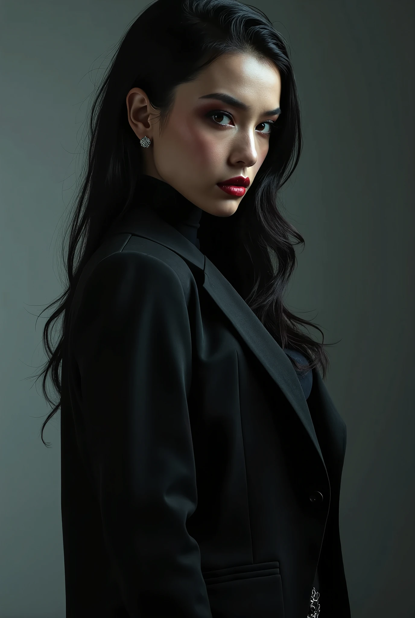 30 years old morden wide jaw sharp nose thick eyebrows straight long black hair European girl in suit 